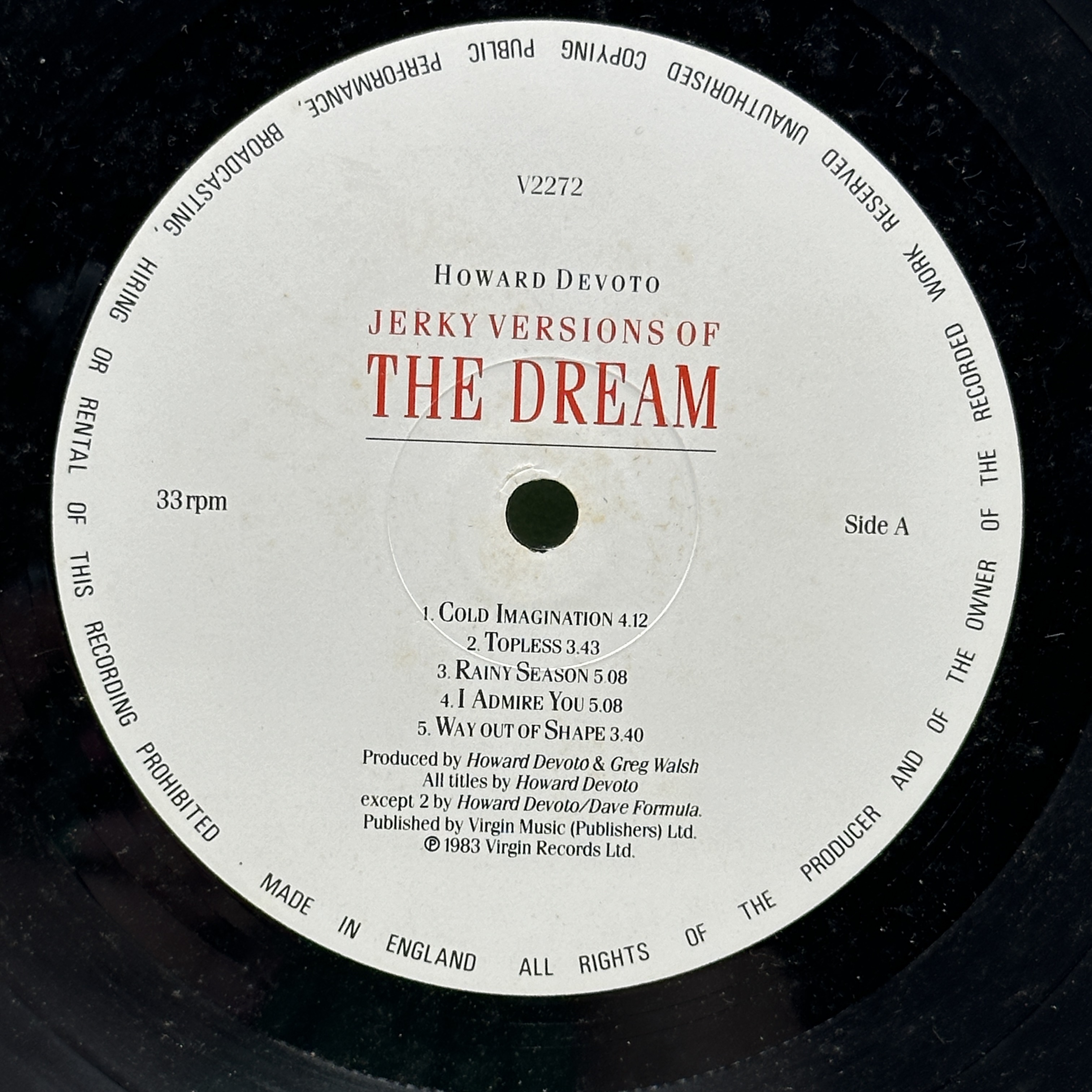 A 12 inch vinyl album by Howard Devoto - Jerky Versions of the Dream, cover is in fair condition, vinyl is in good ... - 1 3