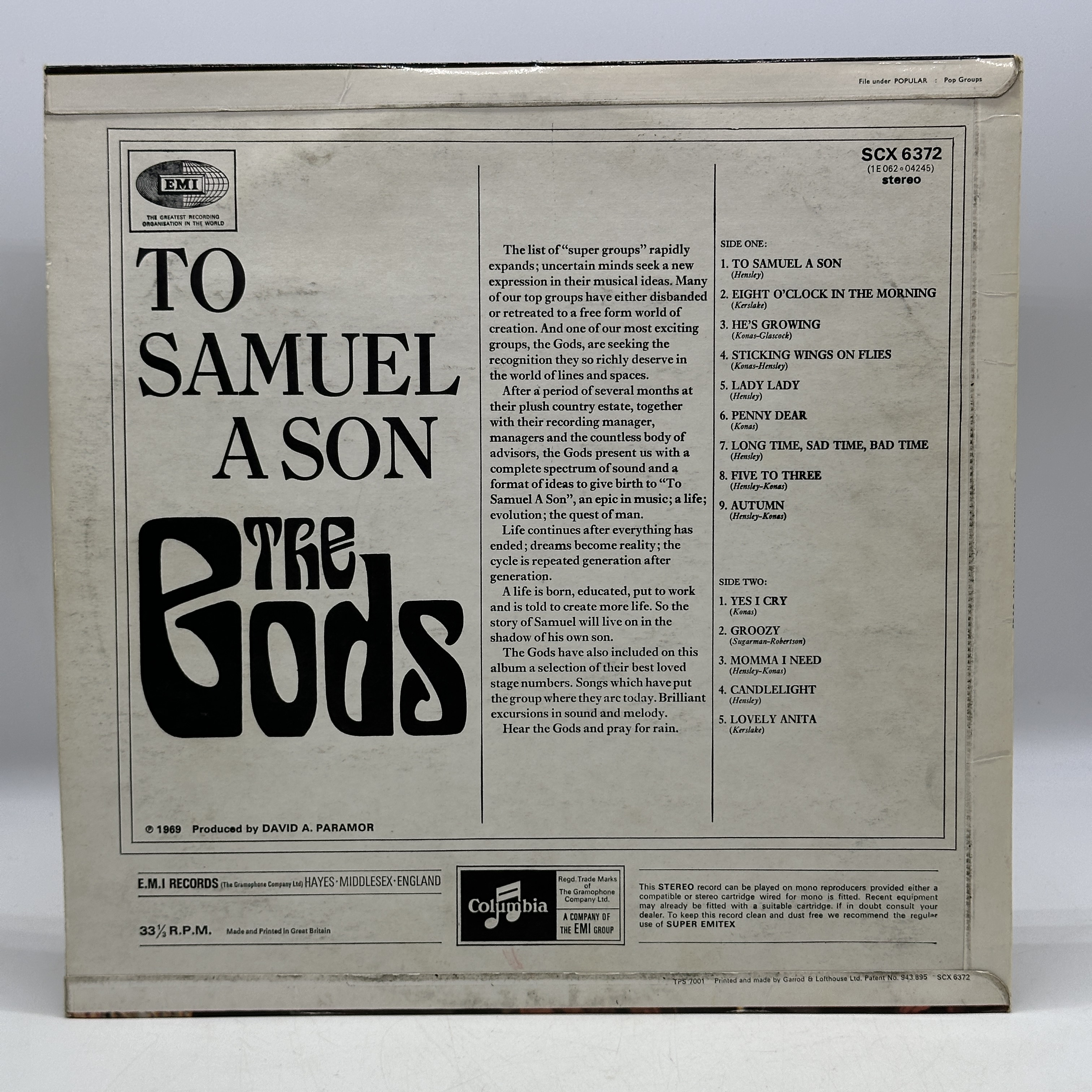 A 12 inch vinyl album by The Gods - To Samuel A Son, 1st Uk press, Columbia SCX 6372, cover is in good condition ... - 1 1