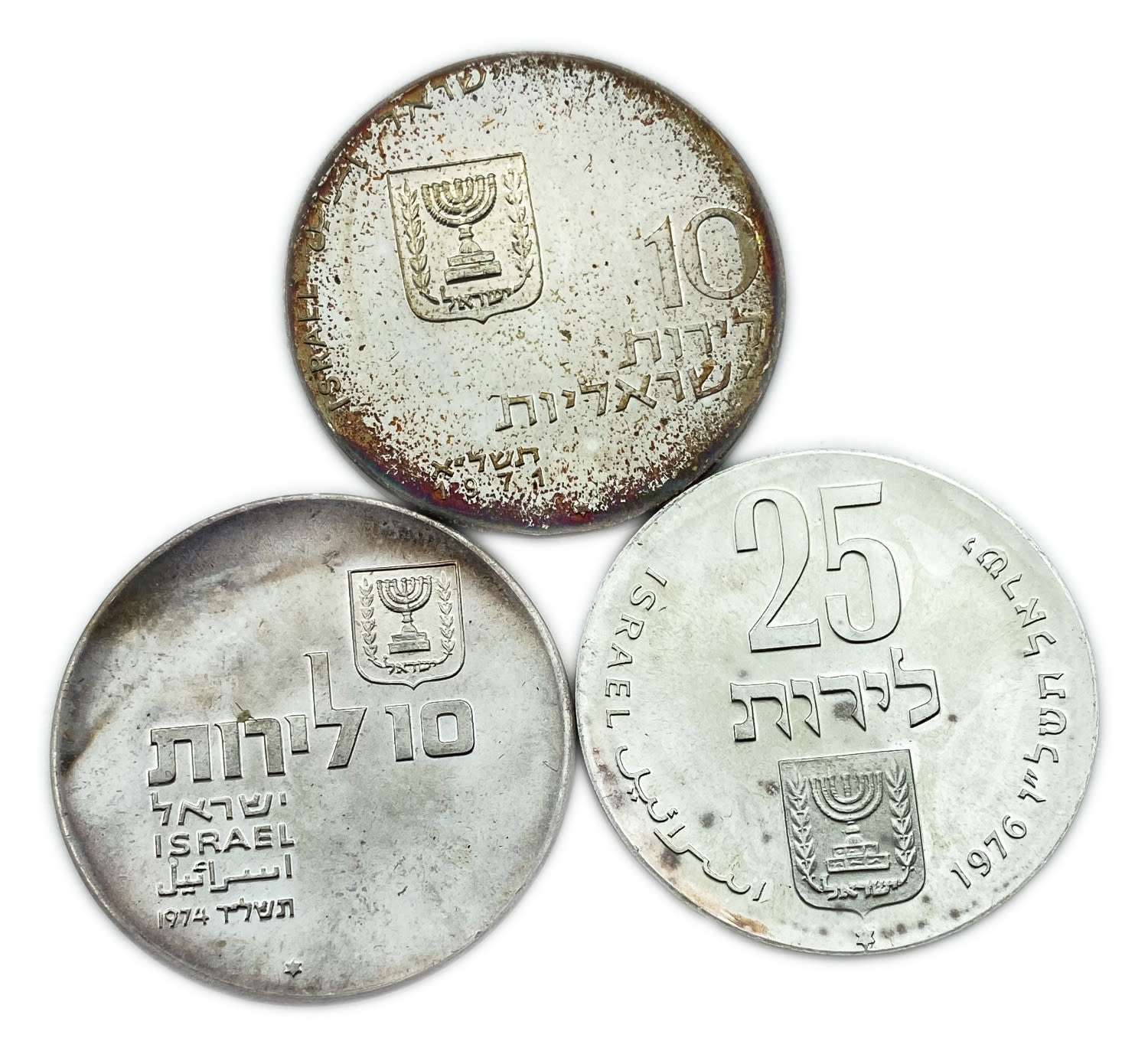 Israel - 3 coins 10, 25 Lirot 1971, 1974, 1976 - "Power to Israel", "Send my people", "Language" - silver 900, 26 g - 1 0