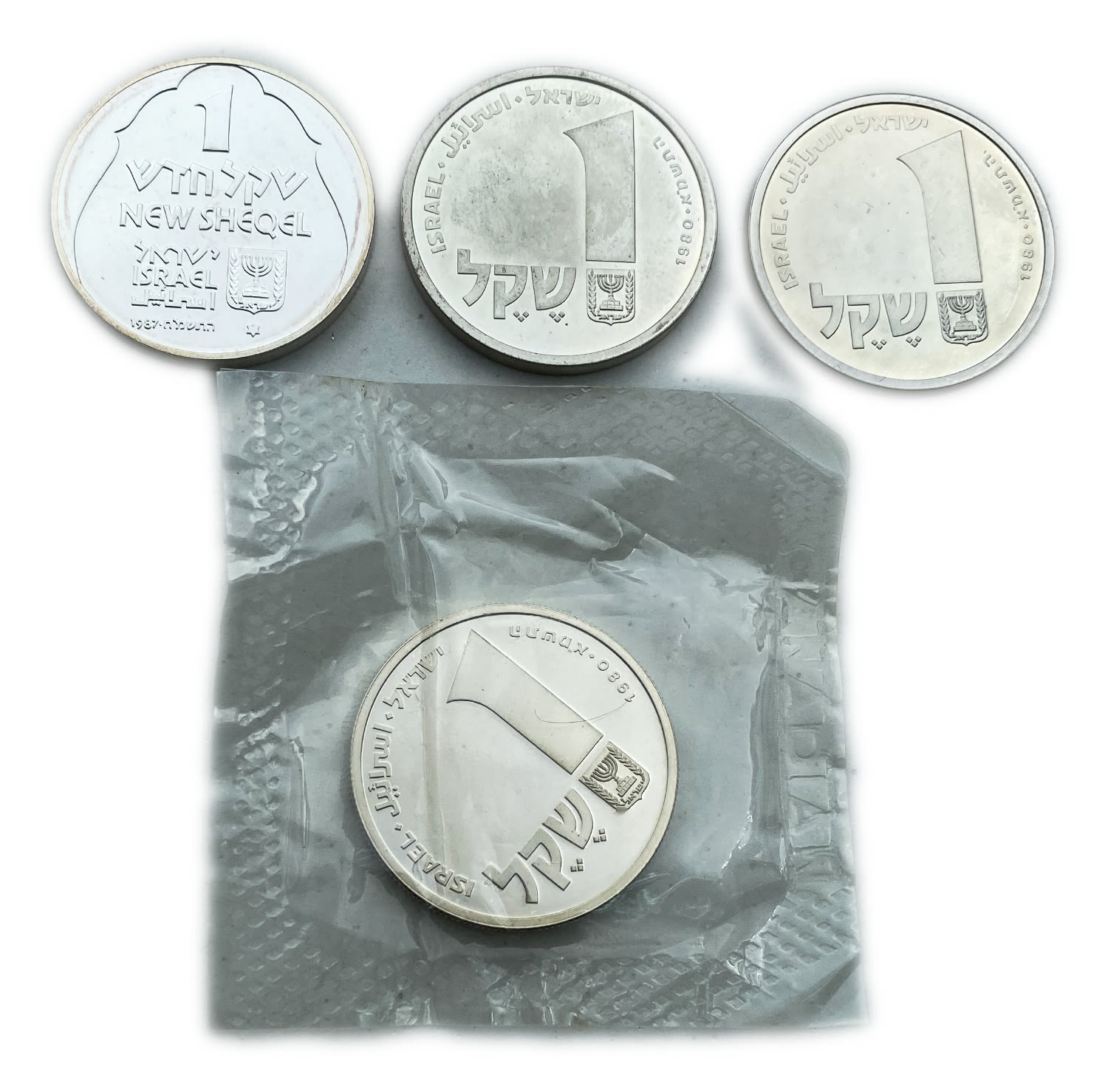 Israel - Lot of 4 coins, 1 shekel 1980, 1987 - "Menorah from Corfu", "Menorah from England" - 850 silver, 14.4 g - 1 0