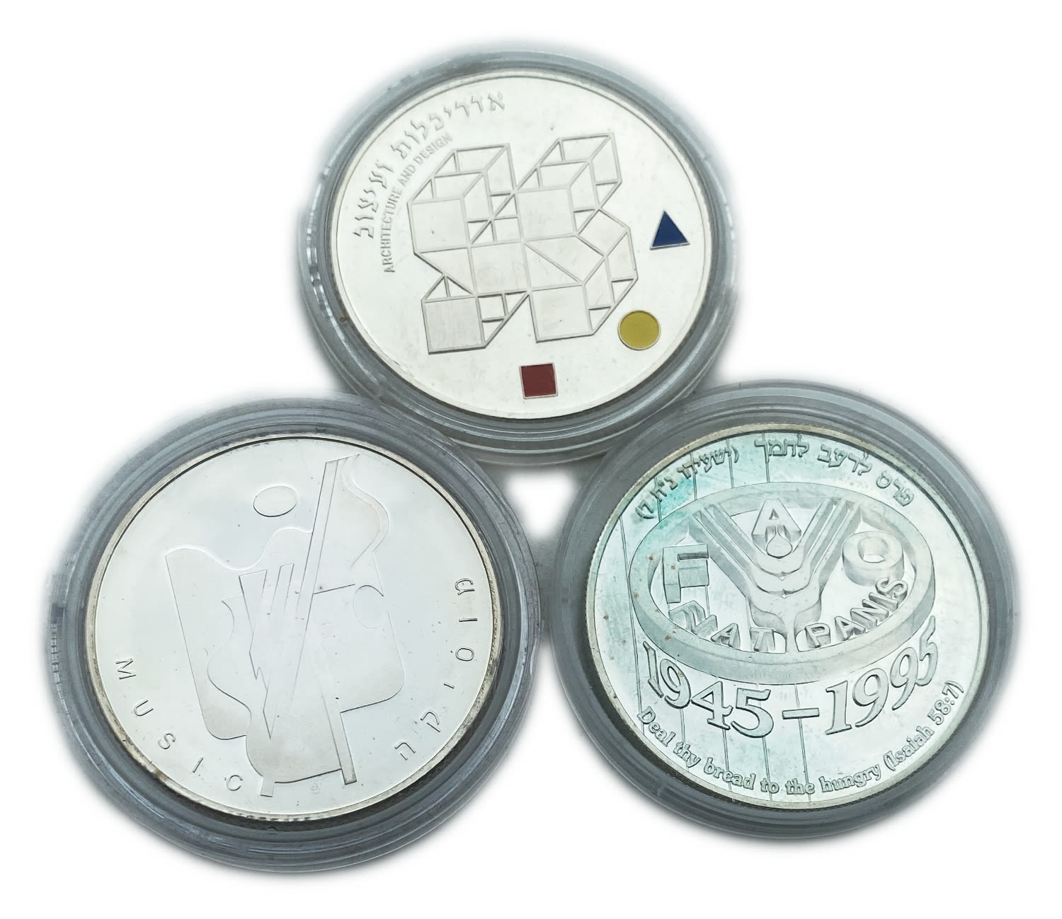Israel - Lot of 3 coins 2 shekels 1995, 2001, 2004 - "Music", "Sliced for your bread", "Architecture" - 925 silver ... - 1 1