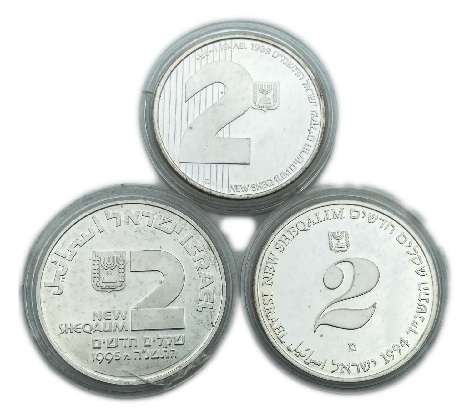 Israel - Lotof 3 Coins 2 Shekels 1989, 1994, 1995 - "Eretz Hemda", "Environment", "Medicine in Israel" - Silver 850 ... - 1 0