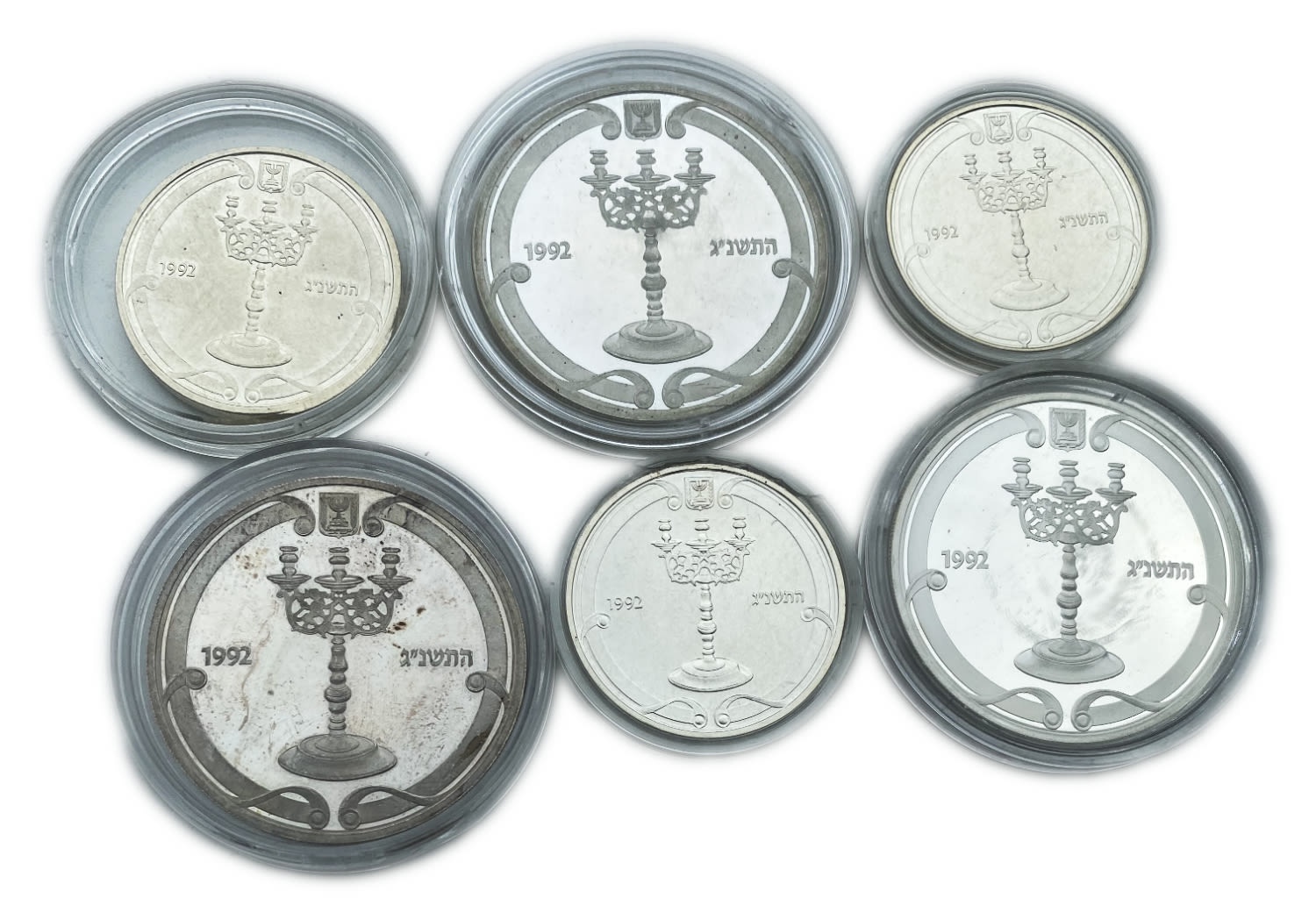 Israel - 3 pairs of coins, 1,2 shekels 1992, Shabbat lamp - 925 silver, 14.4 g, 28.8 g 30 mm, 38.7 ... - 1 1