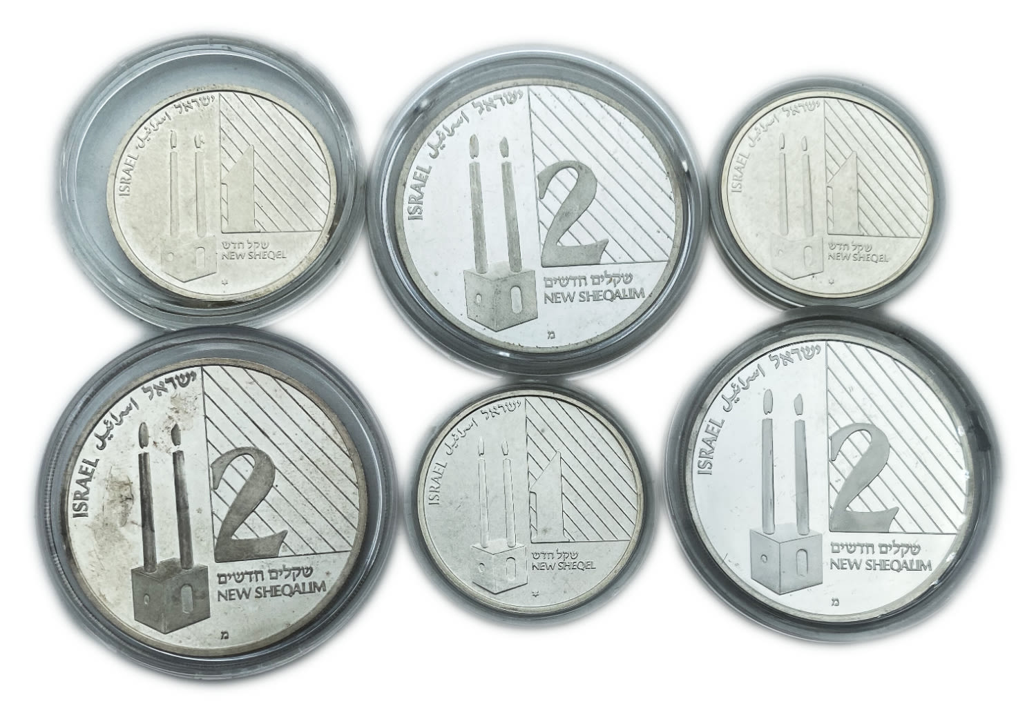 Israel - 3 pairs of coins, 1,2 shekels 1992, Shabbat lamp - 925 silver, 14.4 g, 28.8 g 30 mm, 38.7 ... - 1 0