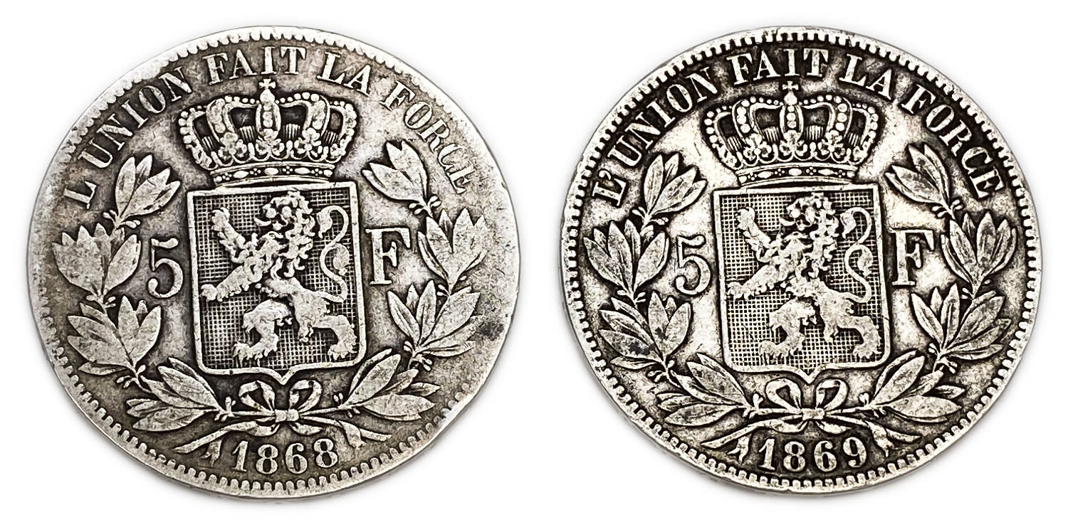 Belgium - Pair coins of 5 Francs - Leopold II large head - Silver 900, 25g, 37mm
Obverse
The ... - 1 1