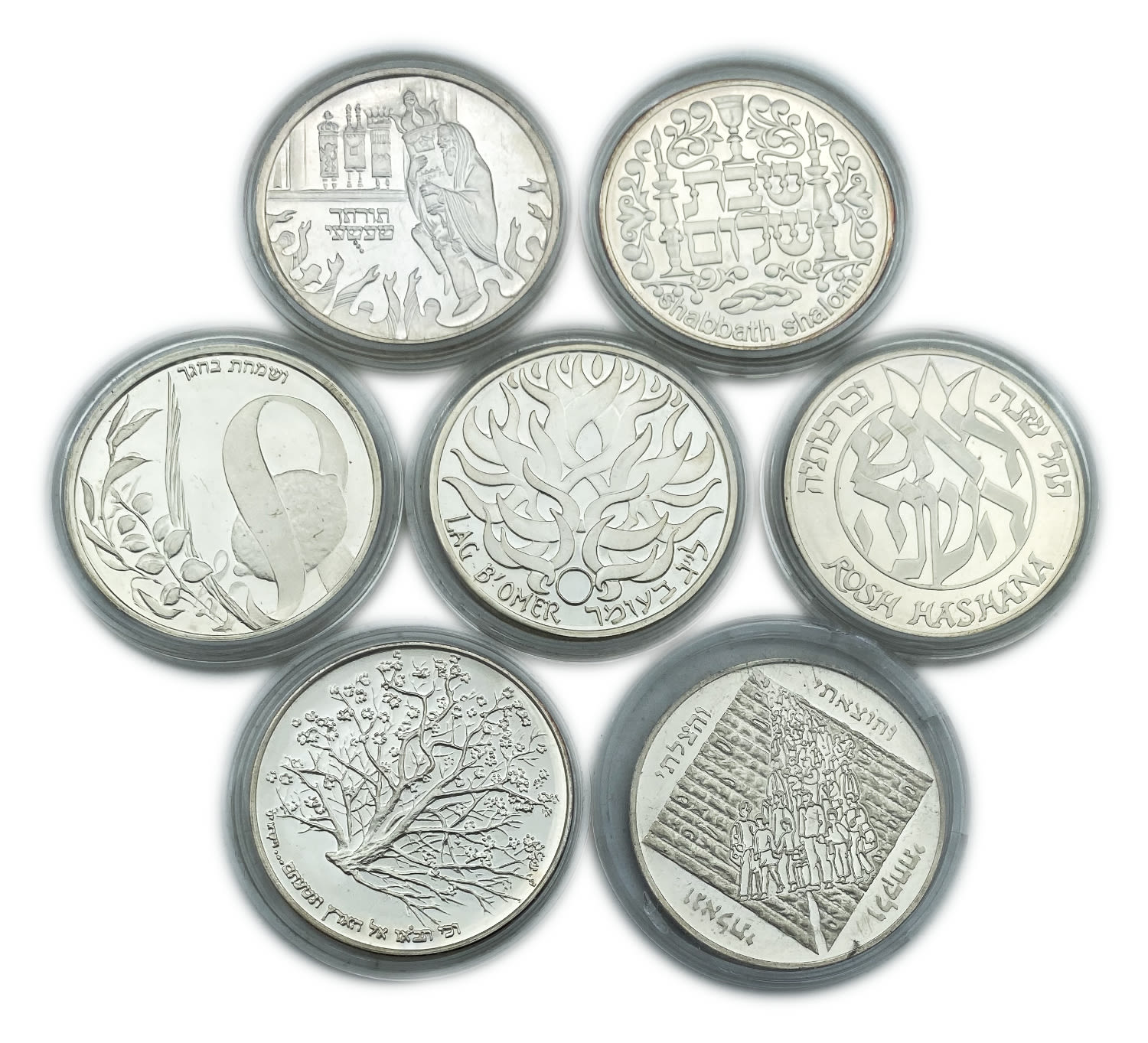 Israel - Lot of 7 silver medals on Jewish holidays - Sukkot, Tu B'Shvat, Pesach, Rosh Hashanah, Shabbat, Simchat ... - 1 1