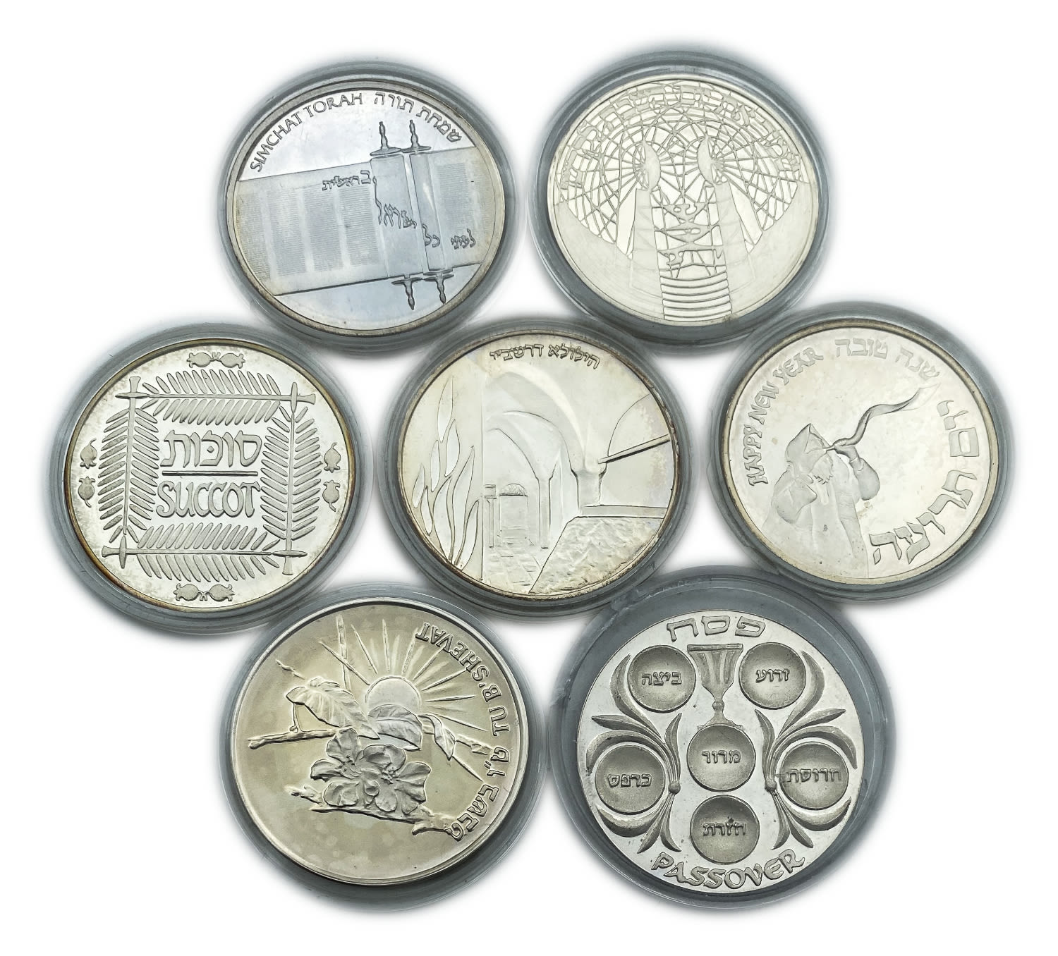 Israel - Lot of 7 silver medals on Jewish holidays - Sukkot, Tu B'Shvat, Pesach, Rosh Hashanah, Shabbat, Simchat ... - 1 0