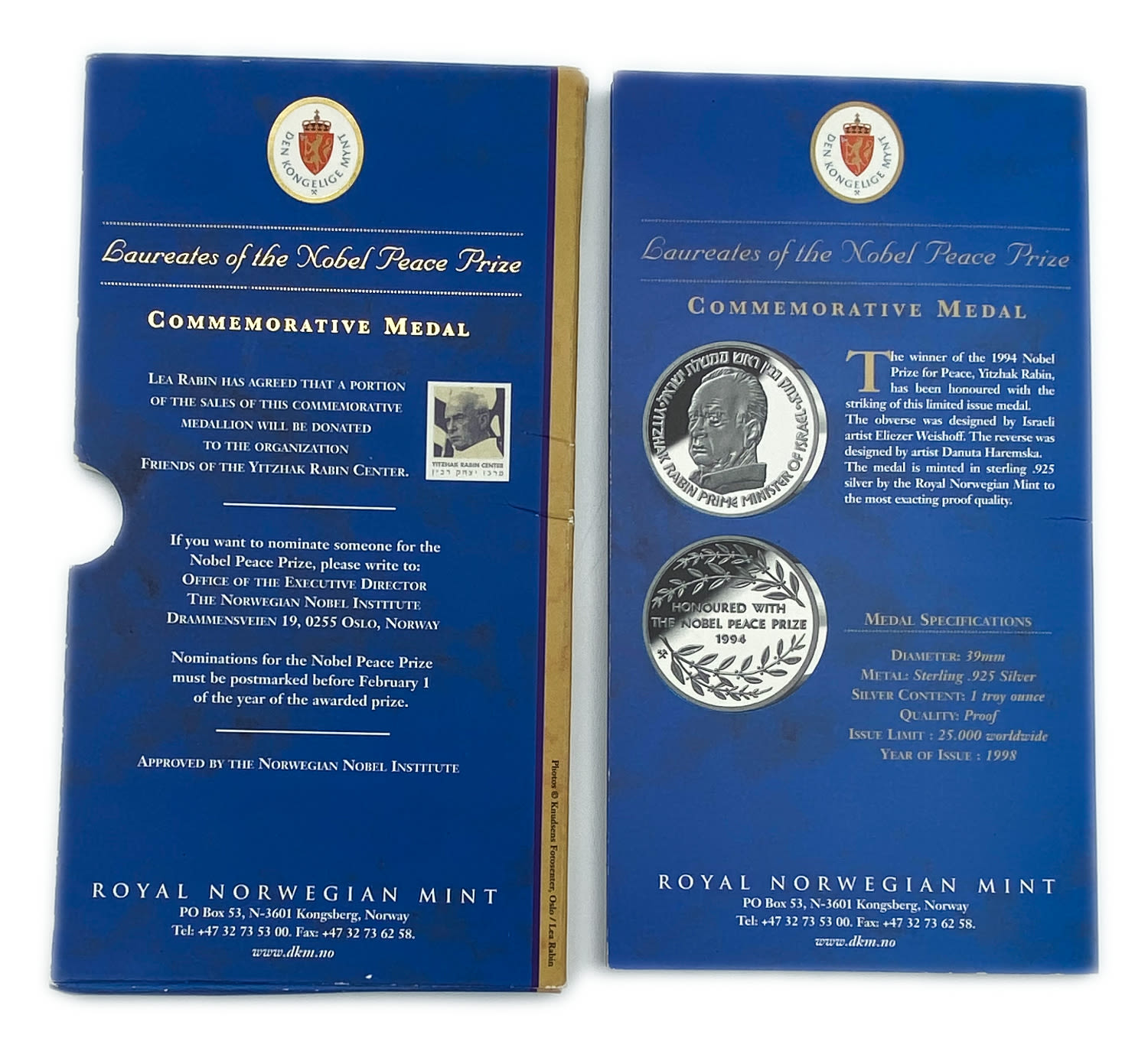 Norway - Memorial Medal in Honor of Nobel Laureate of Former Prime Minister Yitzhak Rabin 1994 - 925 silver, 1 ... - 1 1