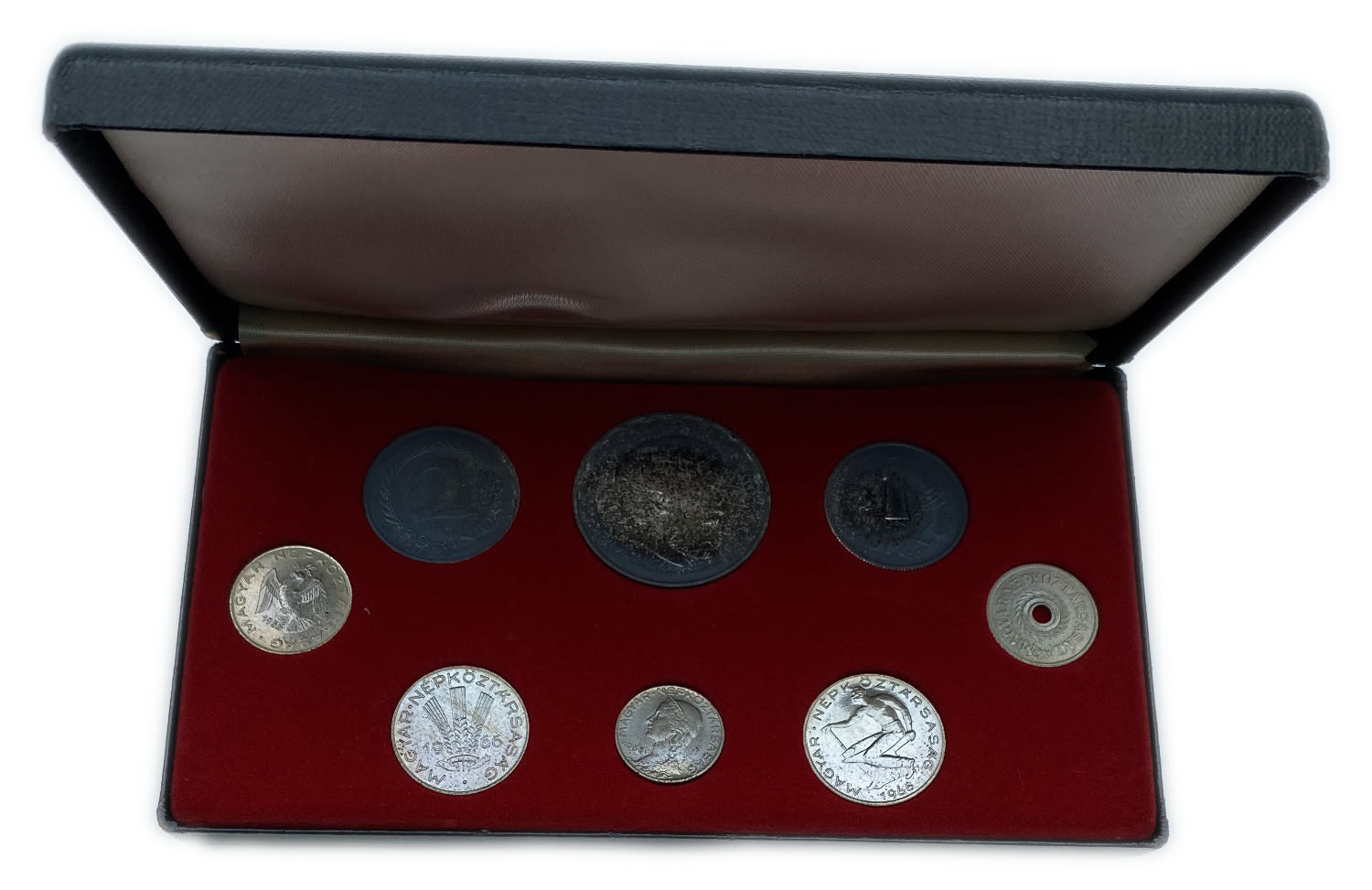 Hungary - Lot of 5 sets of coins from 1966 - some are made of silver, in black cases - Mintage: 2,000 - 1 5