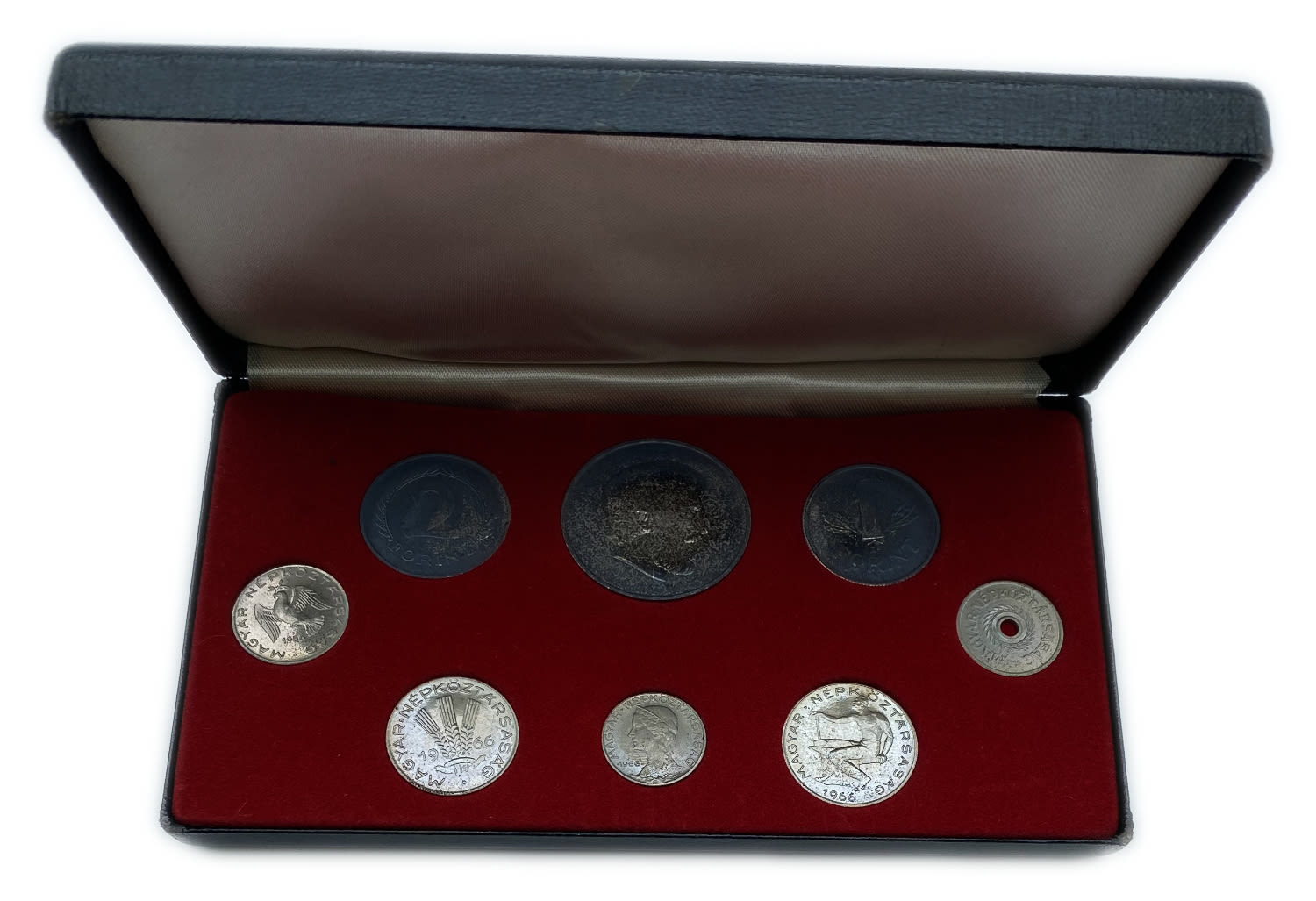 Hungary - Lot of 5 sets of coins from 1966 - some are made of silver, in black cases - Mintage: 2,000 - 1 3