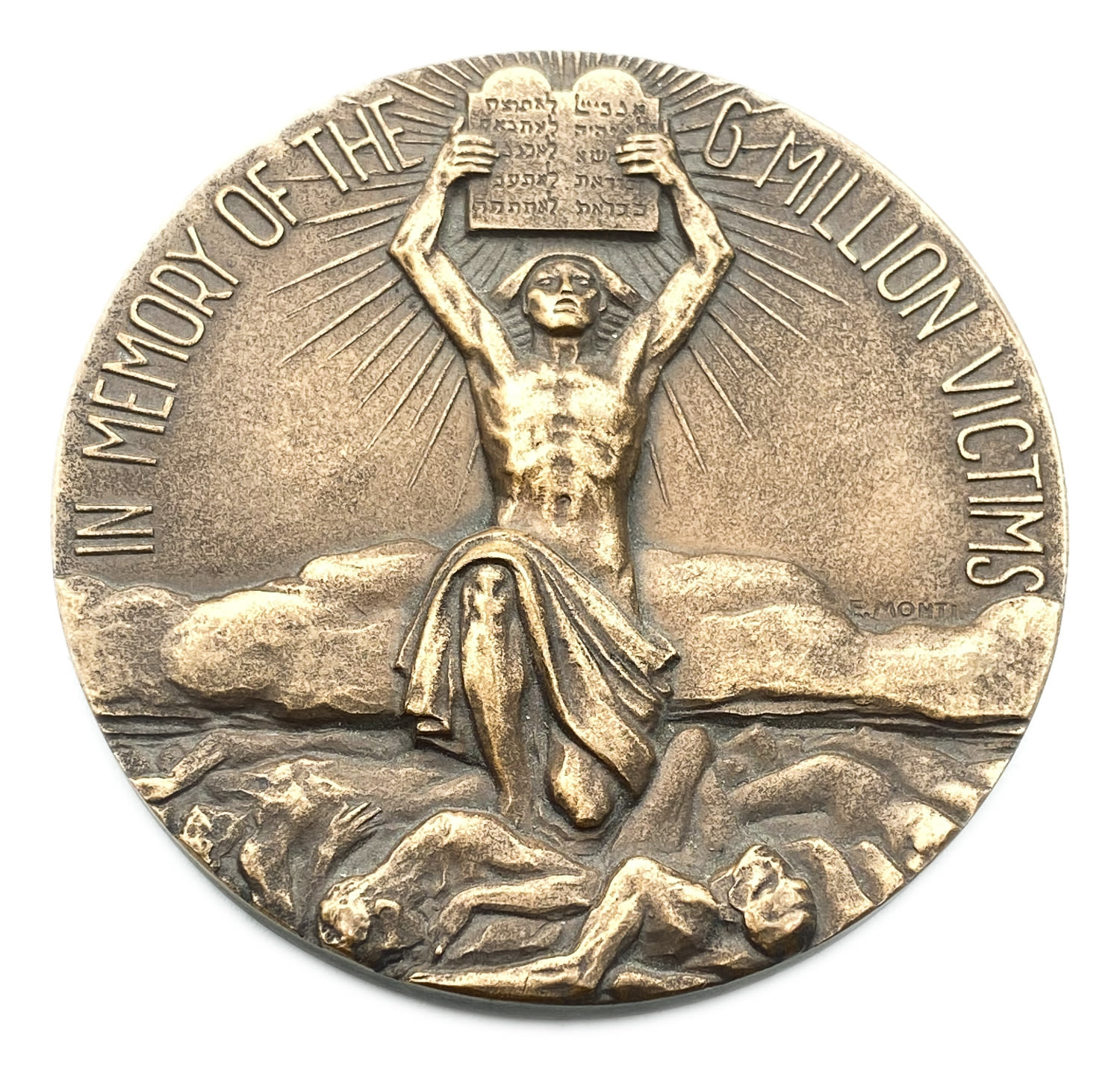 Judaica / Zionism - Bronze medal commemorating holocaust victims, Italy
Obverse: a man raising ...