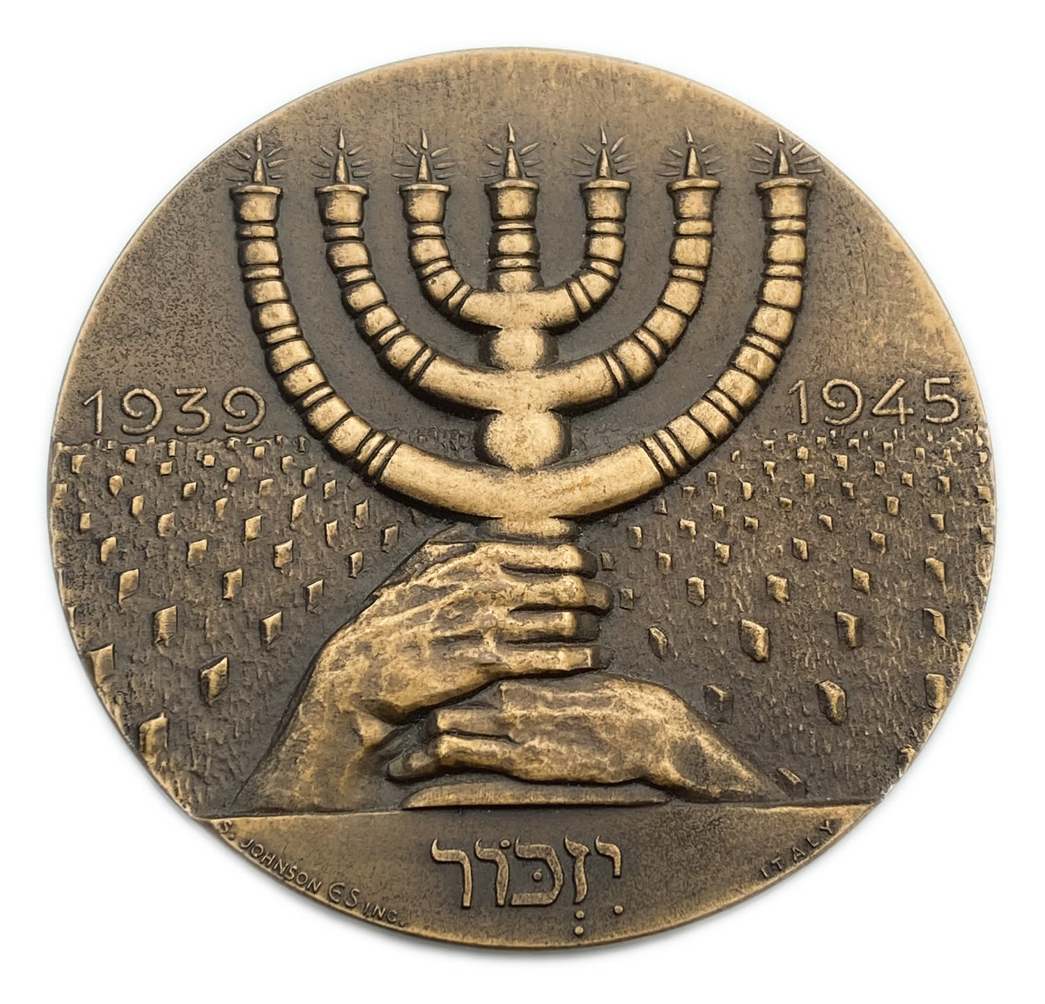 Judaica / Zionism - Bronze medal commemorating holocaust victims, Italy
Obverse: a man raising ... - 1 1
