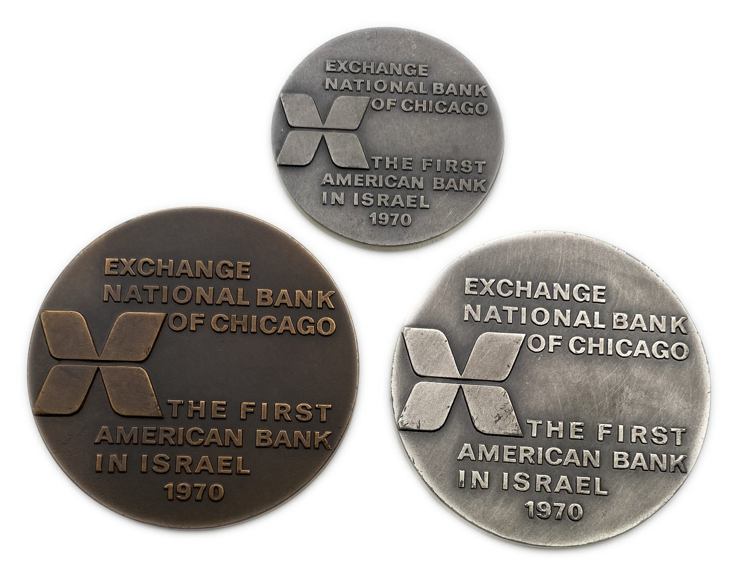 Israel - Lot of 3 Bank of Chicago Medals 1970 - Bronze 59 mm, silver 45 mm and 59 mm, total silver weight 155 ... - 1 1