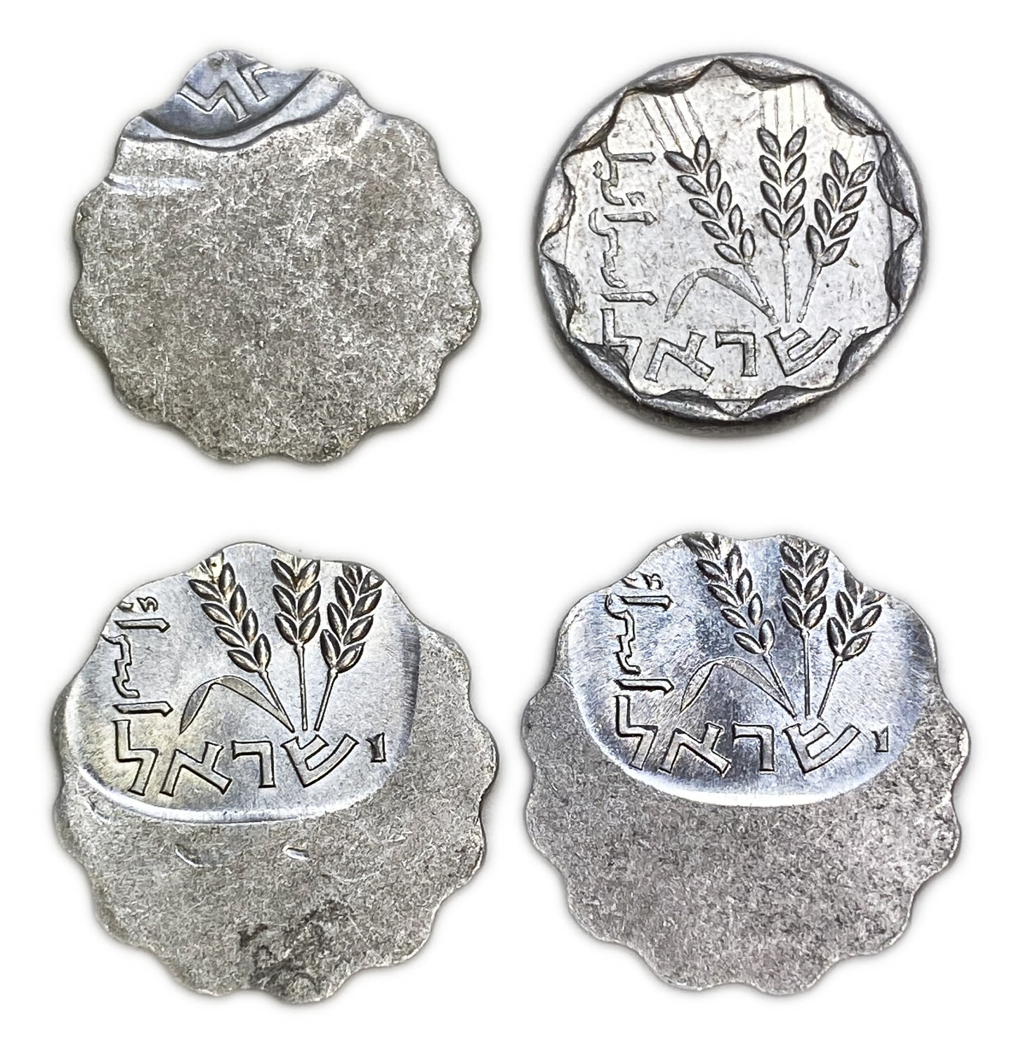 Israel - Lot of 4 coins of 1 Agora 1974, 1979 - Minting Errors, Off center, Token defect
The name ... - 1 1