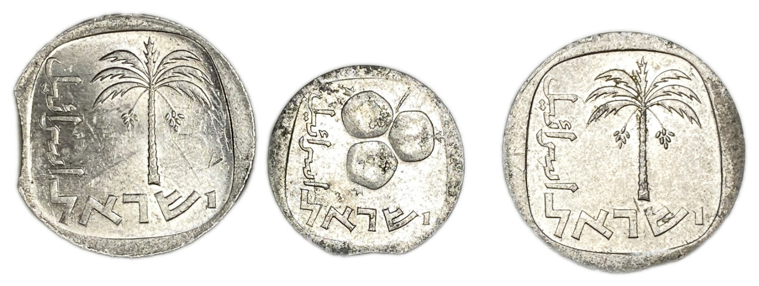 Israel - Lot of 3 coins of 5 and 10 Agorot 1977, 1978 - Minting Error - Clip Die
On January 1 ... - 1 1
