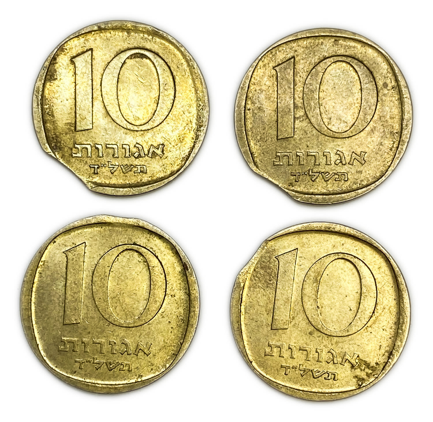 Israel - Lot of 4 coins of 10 Agorot 1974 - Minting Error - Clip Die
On January 1, 1960, the new ... - 1 0