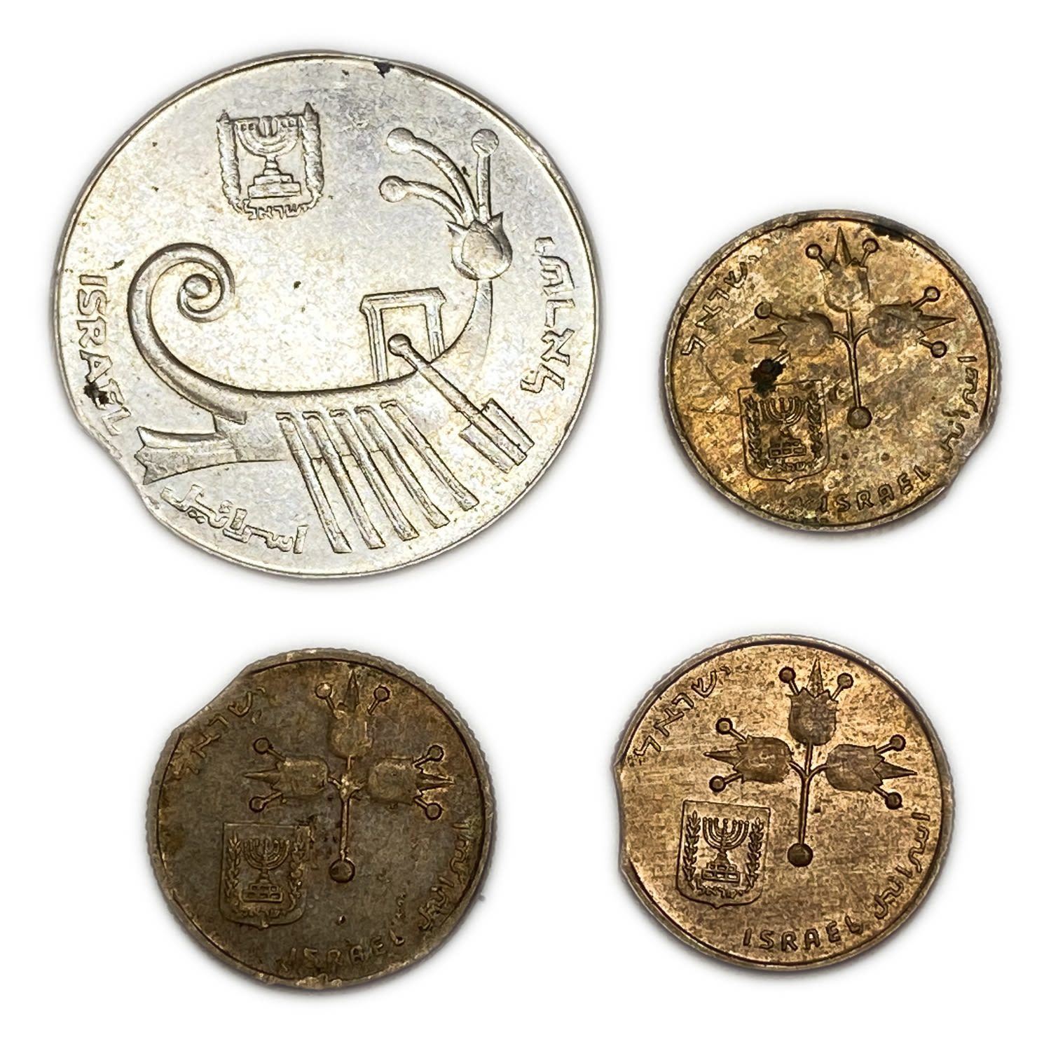 Israel - Lot of 4 coins of 10 Agorot 1980 amd 10 Sheqels 1984 - Minting Error - Clip Die - 1 1