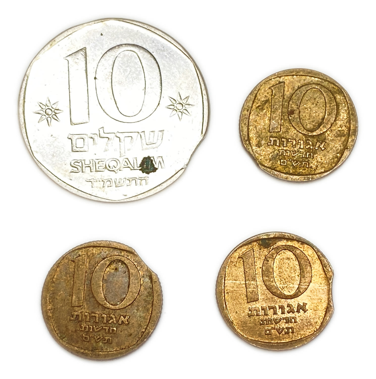 Israel - Lot of 4 coins of 10 Agorot 1980 amd 10 Sheqels 1984 - Minting Error - Clip Die - 1 0