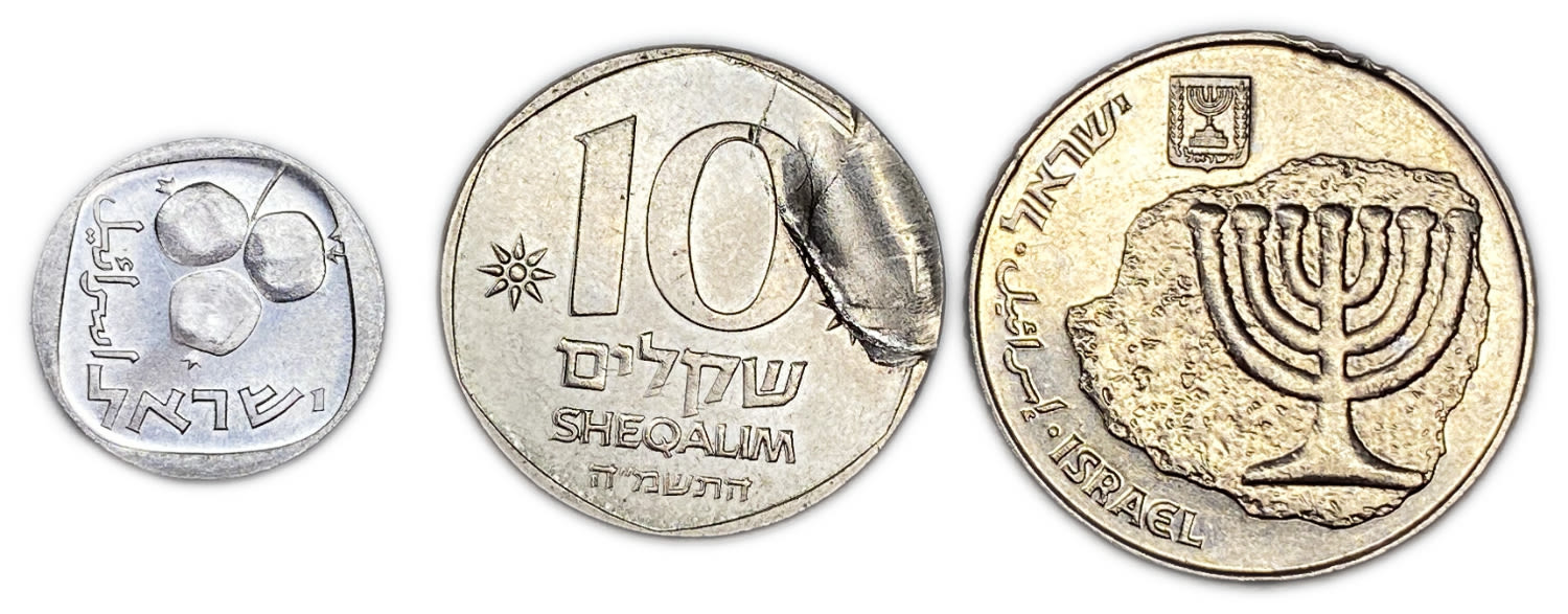 Israel - Lot of 3 coins, 5 Agorot 1977, 10 Shekels 1985, 100 Shekels 1984 - Minting errors
5 ... - 1 0