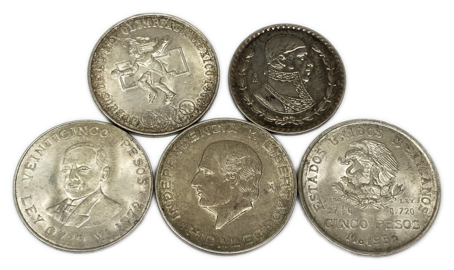 Mexico - Lot of 5 silver coins, 1-25 pesos, 1953, 1956, 1958, 1968, 1972 - 1 0