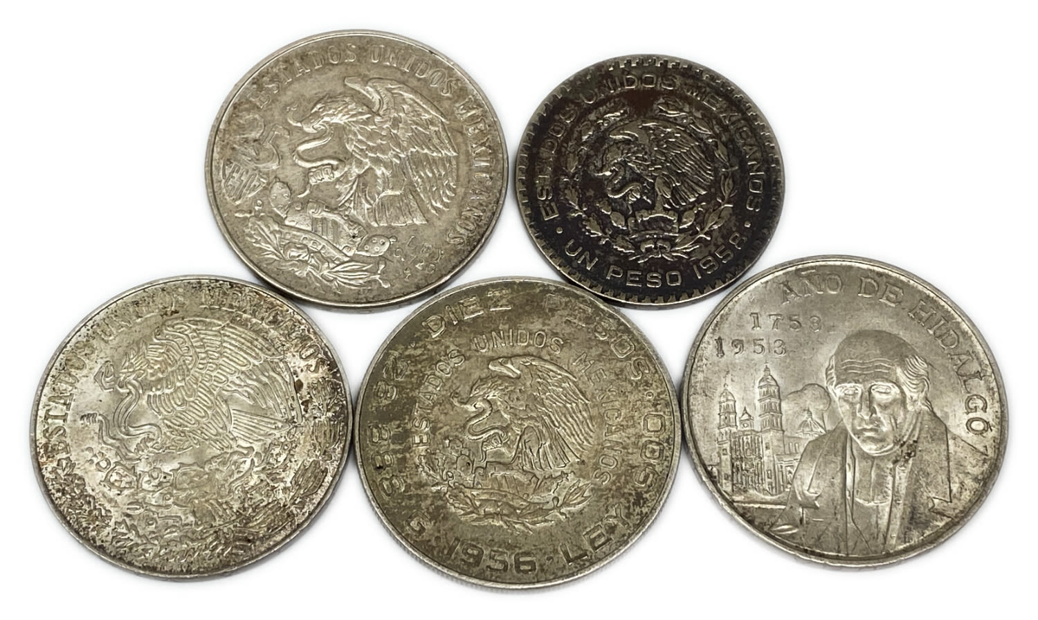 Mexico - Lot of 5 silver coins, 1-25 pesos, 1953, 1956, 1958, 1968, 1972 - 1 1