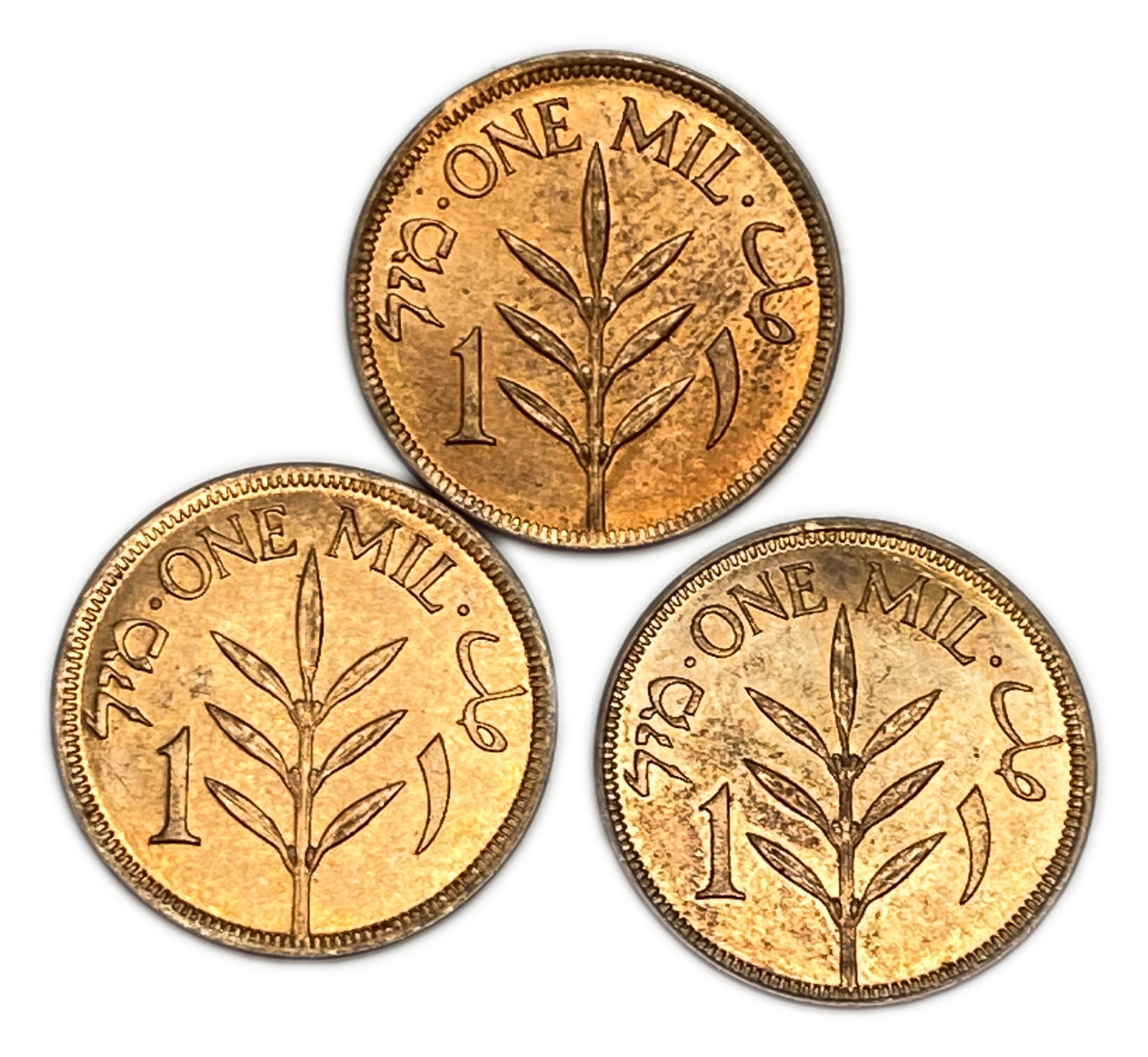 Palestine - Lot of 3 coins, 1 Mil 1927 - UNC
MIL, was the Hebrew name of the coin that was ... - 1 1