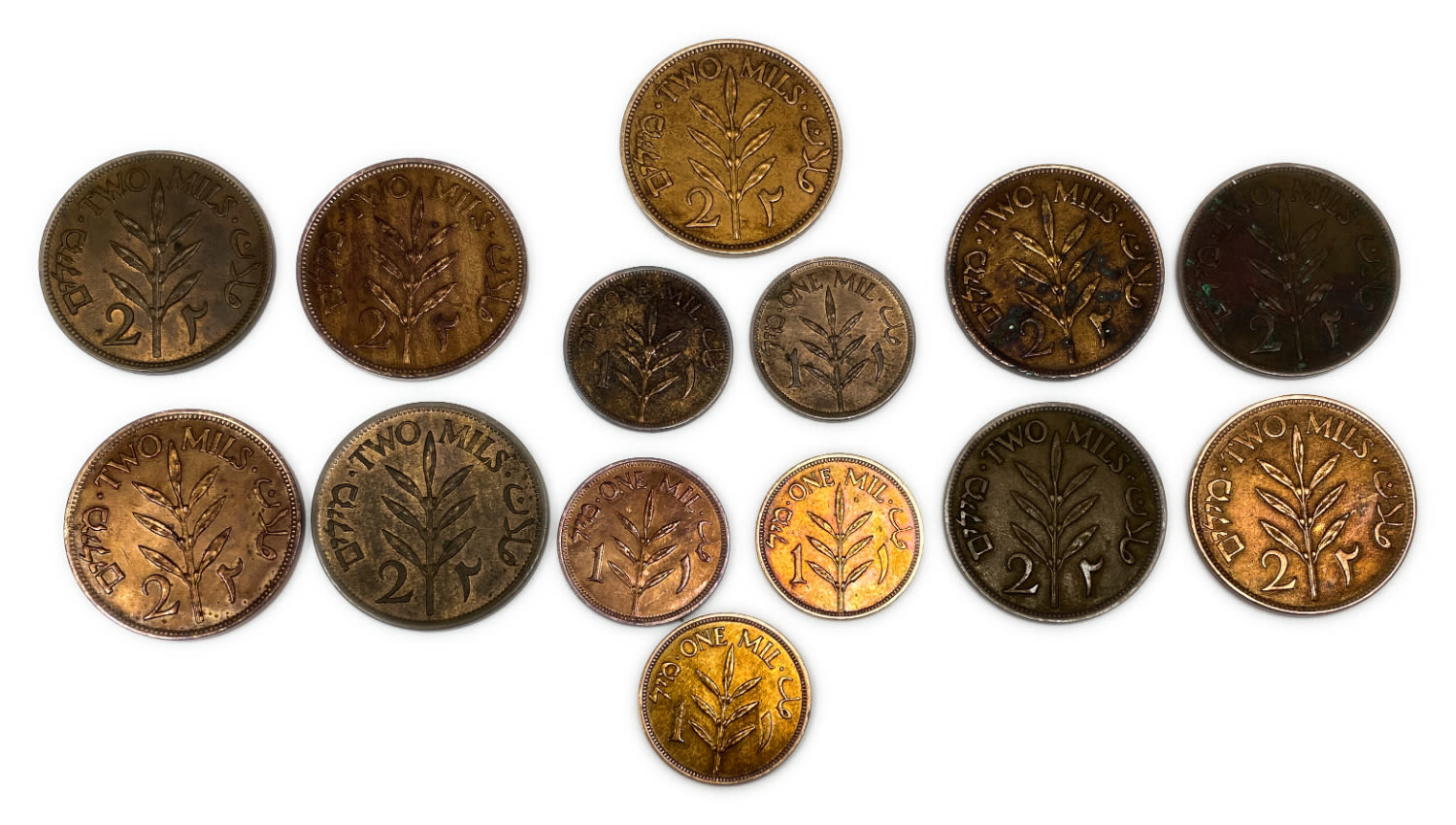 Palestine - Lot of 14 mandate coins - 1 and 2 Mils, Diffrent years - F-VF
MIL, was the Hebrew ... - 1 1