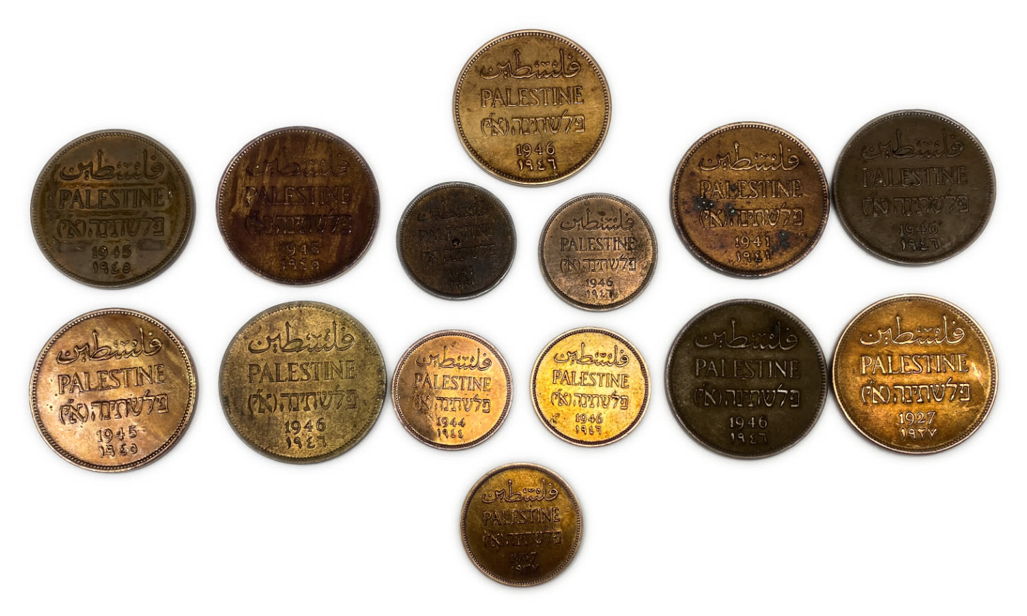 Palestine - Lot of 14 mandate coins - 1 and 2 Mils, Diffrent years - F-VF
MIL, was the Hebrew ... - 1 0