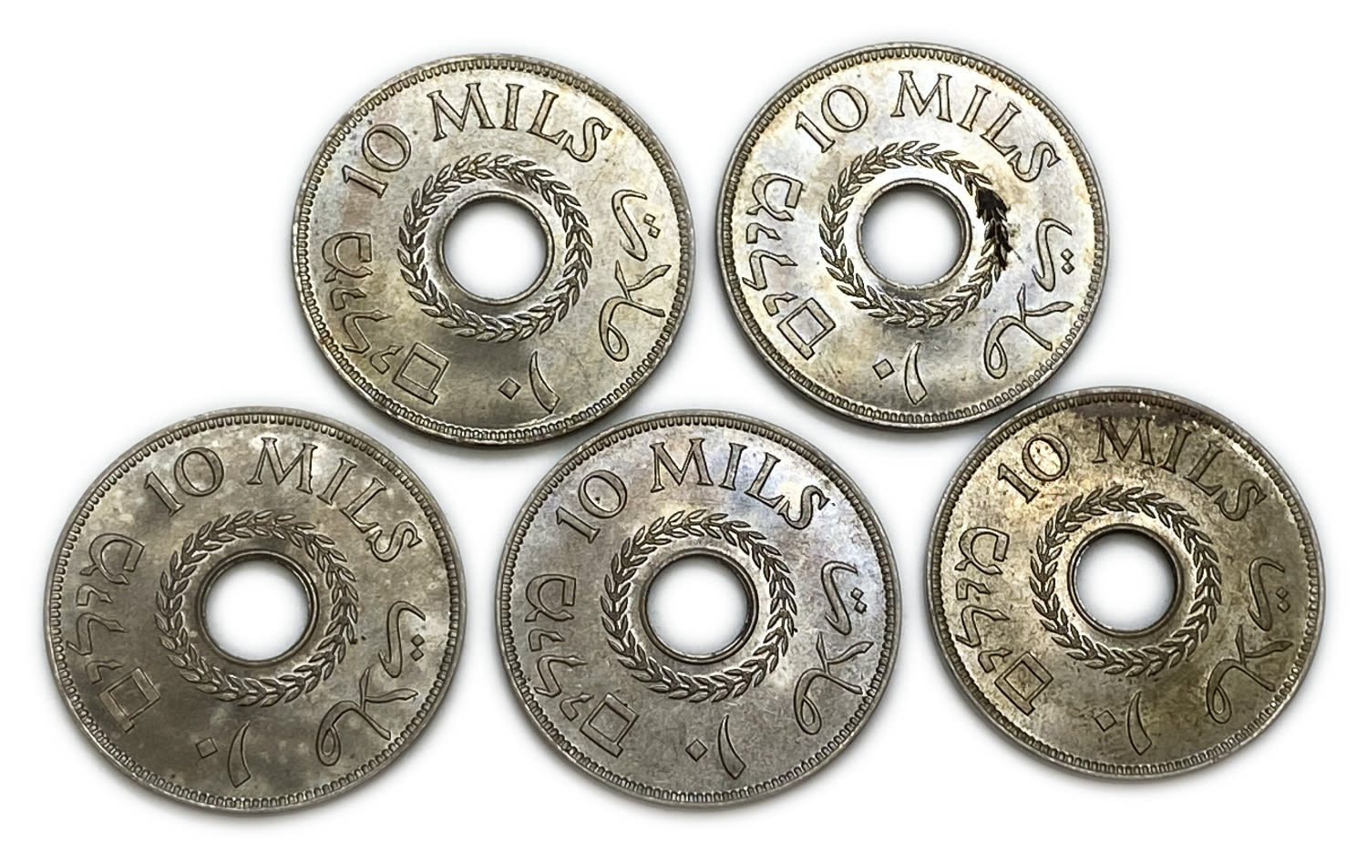 Palestine - Lot of 5 coins, 10 Mils 1927 - AU-UNC
MIL, was the Hebrew name of the coin that was ... - 1 1