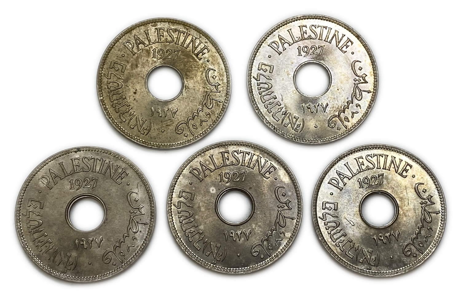 Palestine - Lot of 5 coins, 10 Mils 1927 - AU-UNC
MIL, was the Hebrew name of the coin that was ... - 1 0