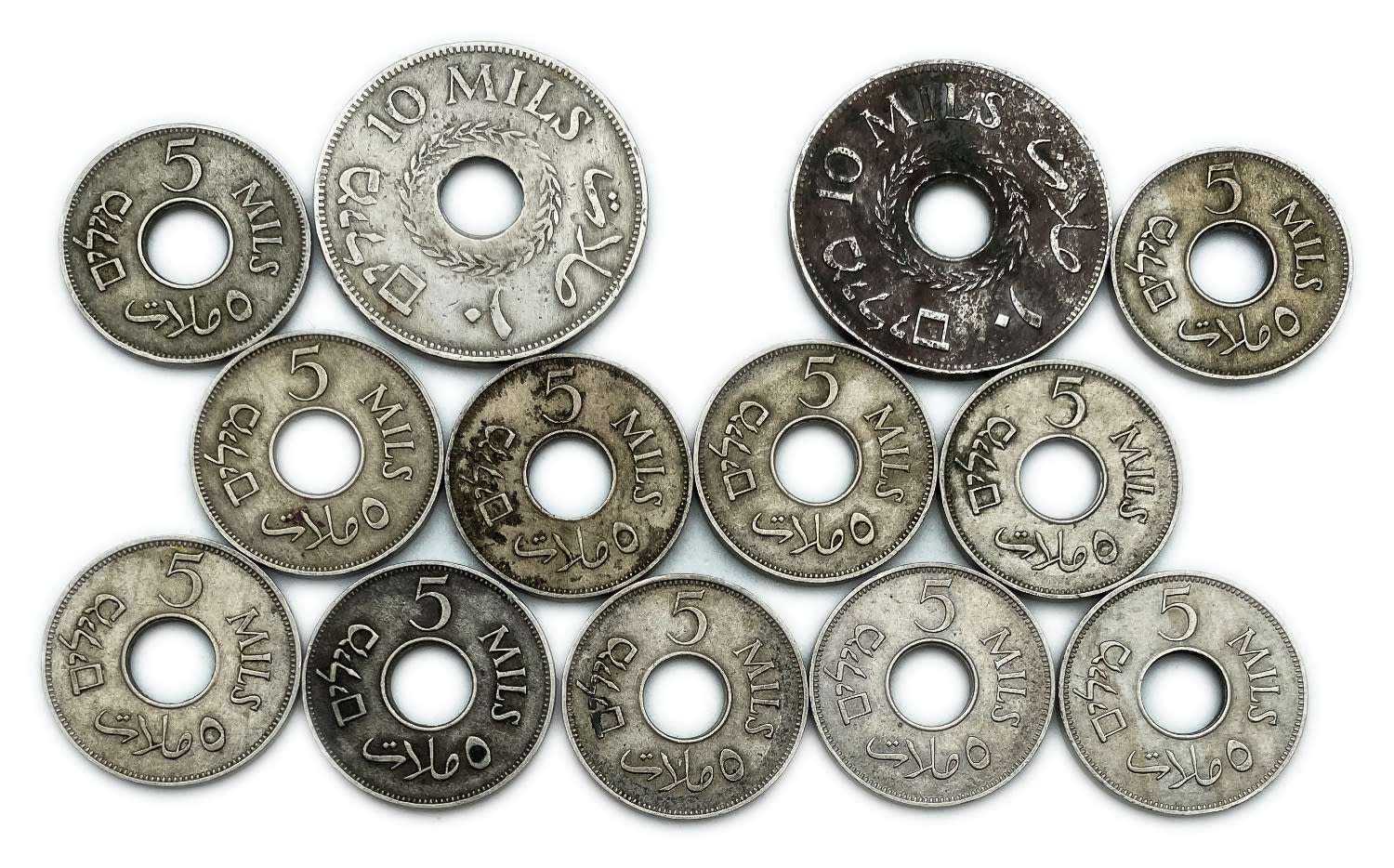 Palestine - Lot of 13 mandate coins - 5, 10 Mils, Diffrent years - F-VF
MIL, was the Hebrew ... - 1 1