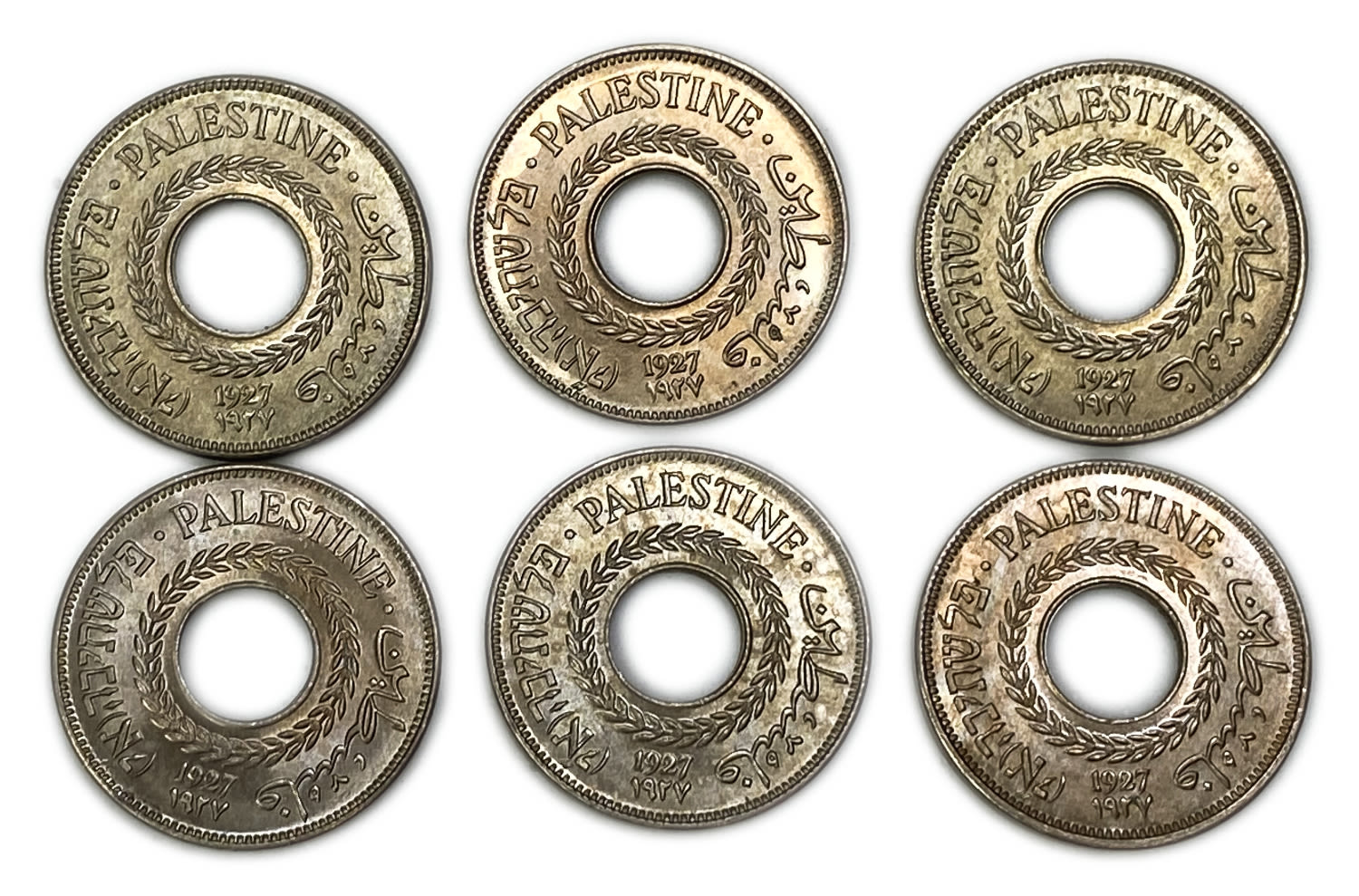 Palestine - Lot of 6 coins, 5 Mils 1927 - UNC
MIL, was the Hebrew name of the coin that was ... - 1 0