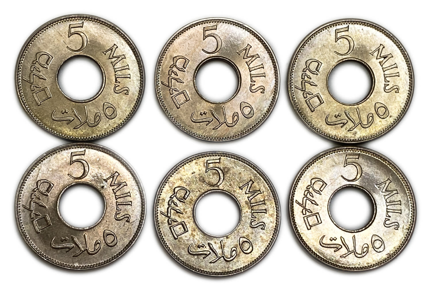 Palestine - Lot of 6 coins, 5 Mils 1927 - UNC
MIL, was the Hebrew name of the coin that was ... - 1 1