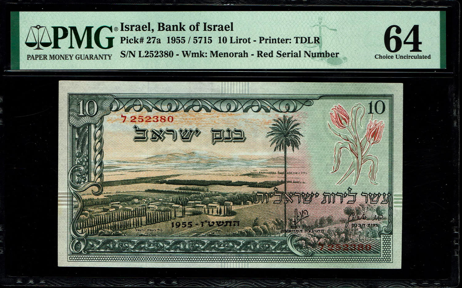 Israel - 10 Lirot 1955 - PMG 64 - Red Serial Number - Prefix L
In 1954, the Bank of Israel was ... - 1 0