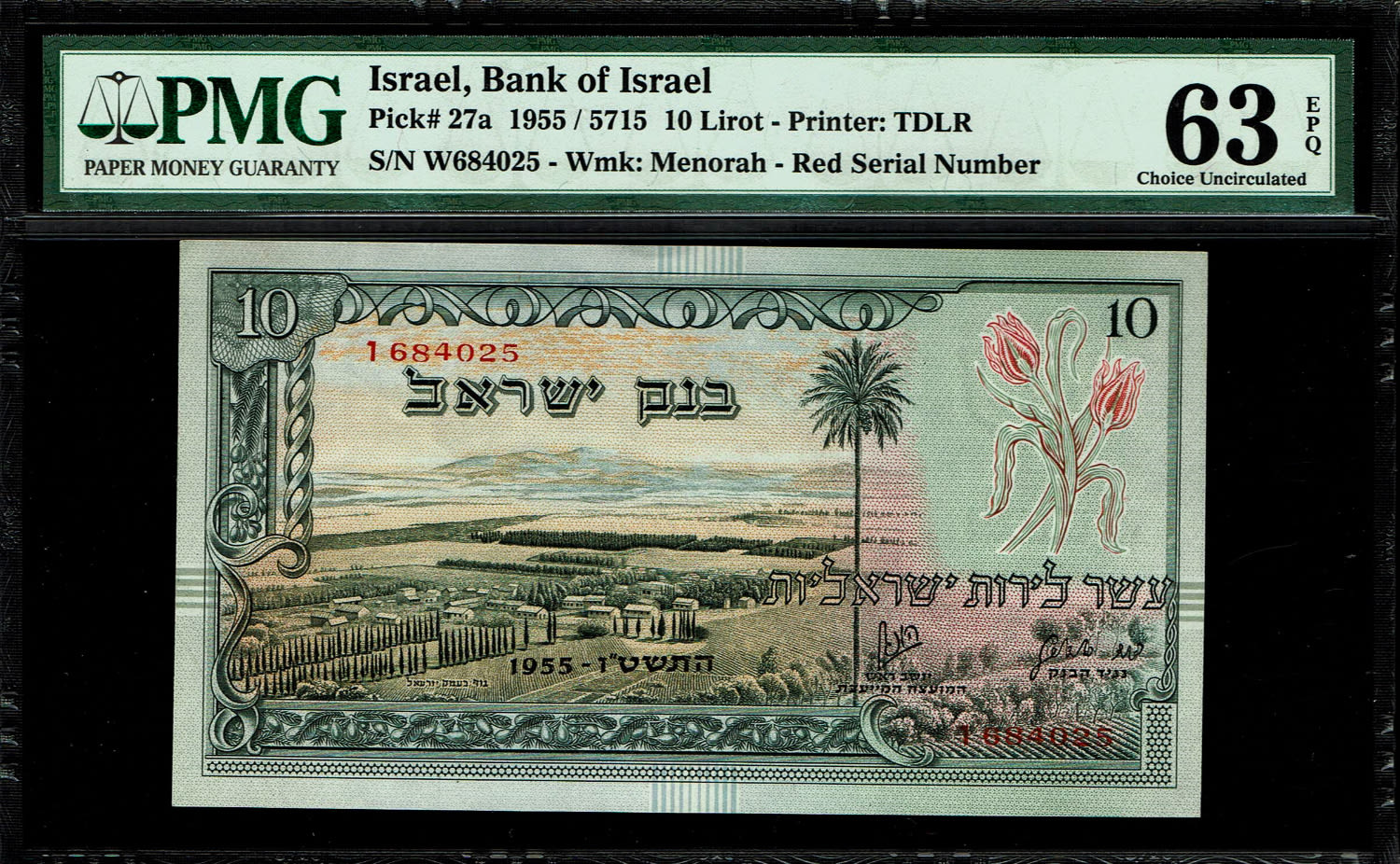 Israel - 10 Lirot 1955 - PMG 63 EPQ - Red Serial Number - Prefix W
In 1954, the Bank of Israel was ... - 1 0