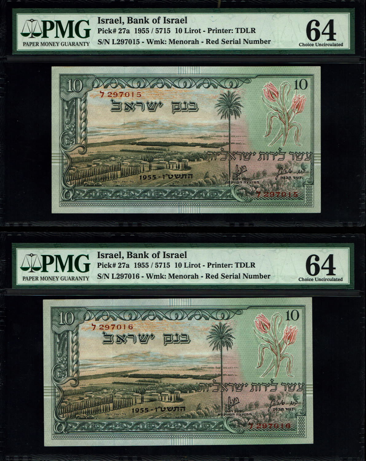 Israel - 3 Banknotes of 10 Lirot 1955 - PMG 64 - Red Serial Number - Consequtive numbers - Prefix L
... - 1 3