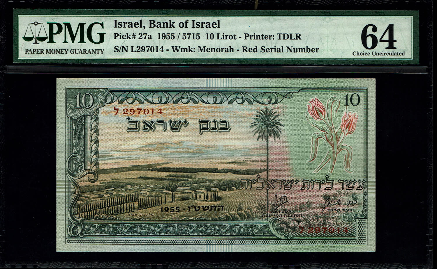 Israel - 3 Banknotes of 10 Lirot 1955 - PMG 64 - Red Serial Number - Consequtive numbers - Prefix L
... - 1 1