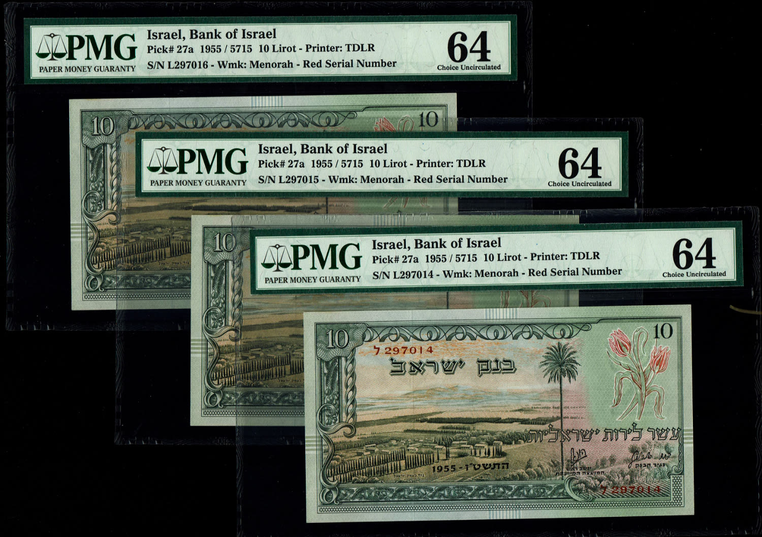 Israel - 3 Banknotes of 10 Lirot 1955 - PMG 64 - Red Serial Number - Consequtive numbers - Prefix L
... - 1 0