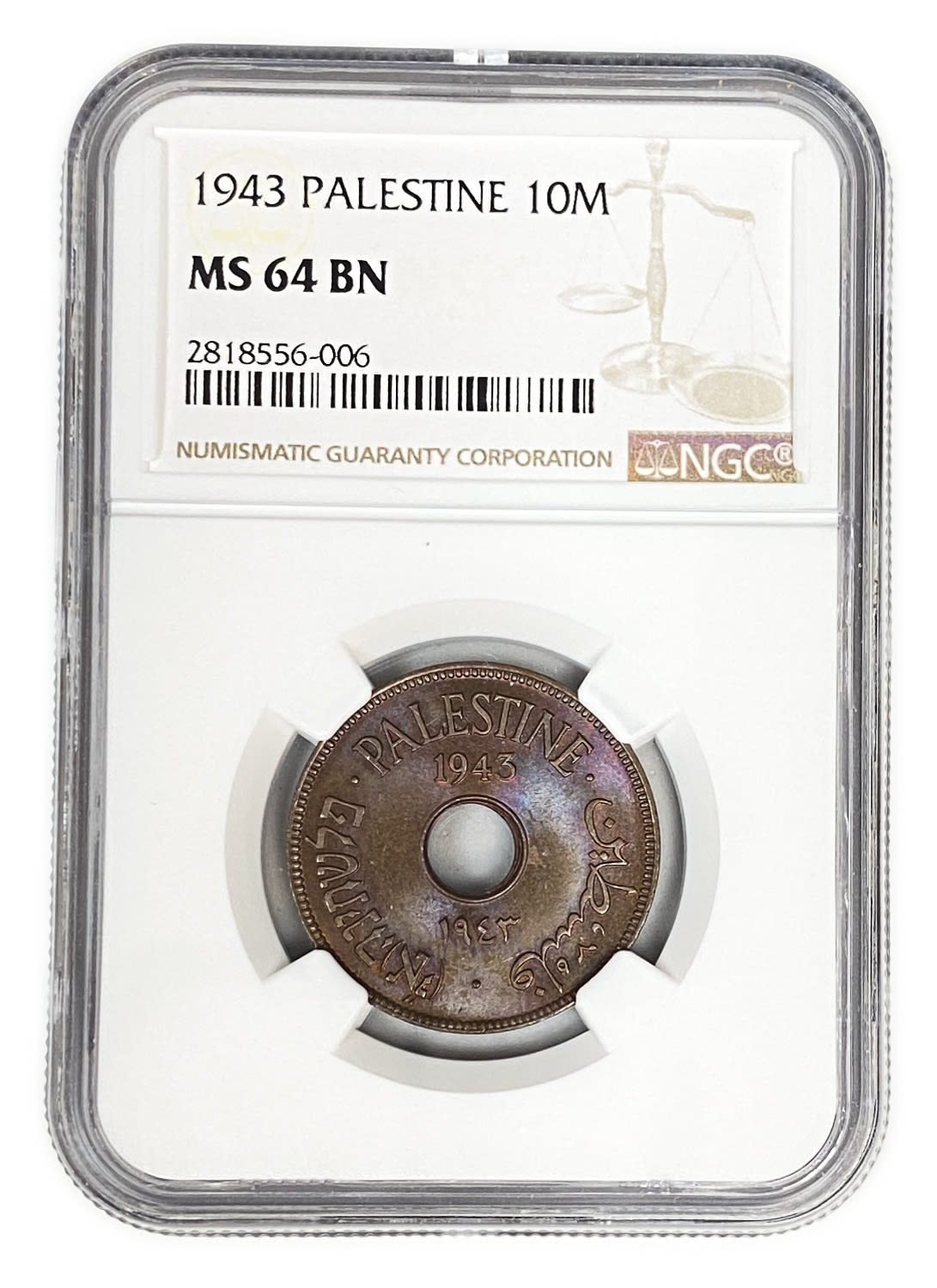 Palestine - 10 Mils 1943 - NGC 64 BN - Very beautiful coin
MIL, was the Hebrew name of the coin that ... - 1 2