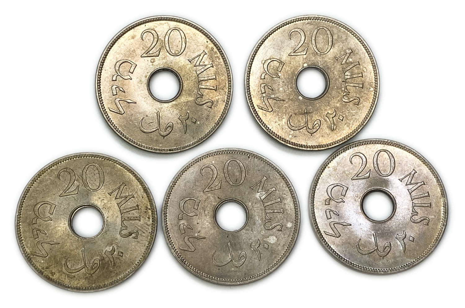 Palestine - Lot of 5 coins, 20 Mils 1927 - AU-UNC
MIL, was the Hebrew name of the coin that was legal ... - 1 1