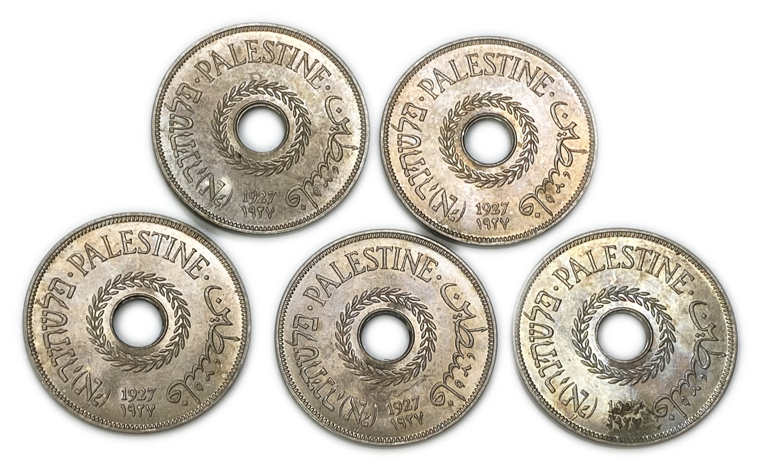 Palestine - Lot of 5 coins, 20 Mils 1927 - AU-UNC
MIL, was the Hebrew name of the coin that was legal ... - 1 0