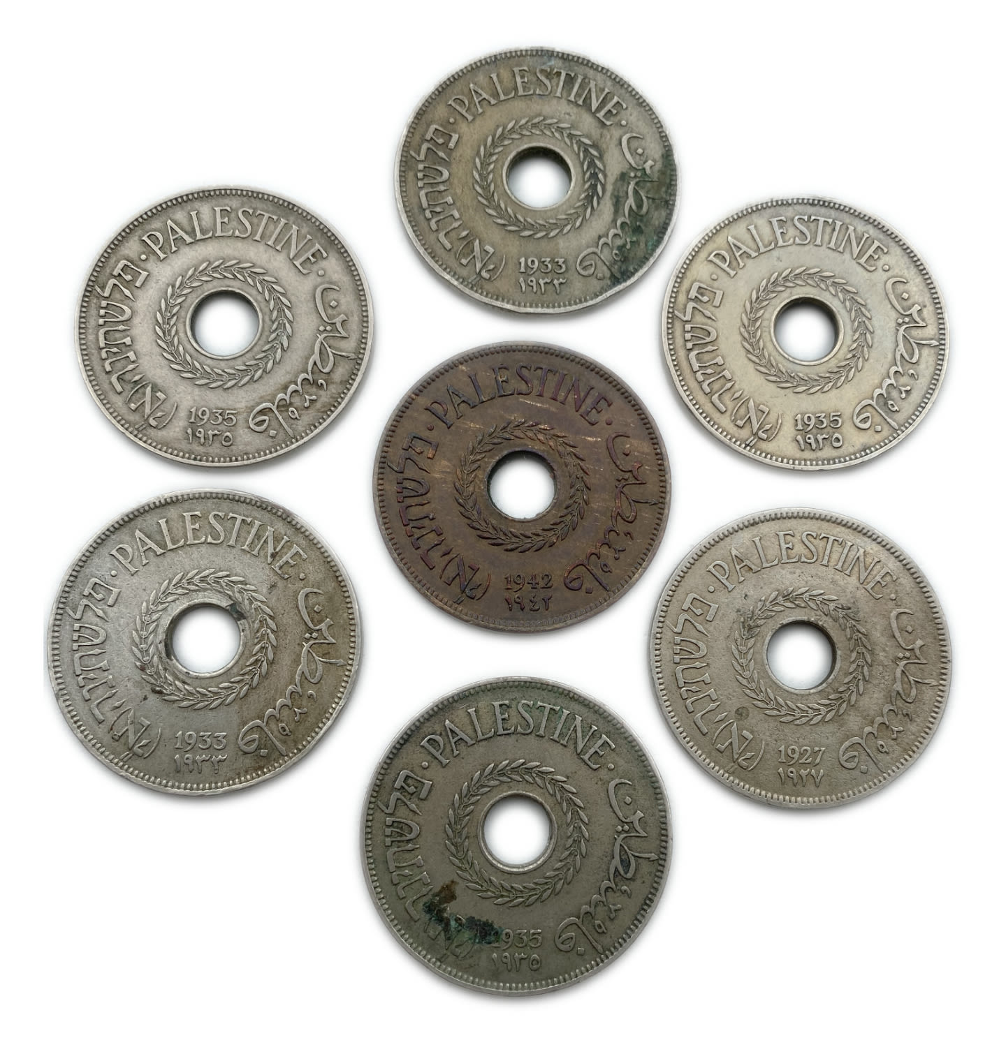 Palestine - Lot of 7 mandate coins - 20 Mils, Diffrent years - F-VF
MIL, was the Hebrew name ... - 1 0