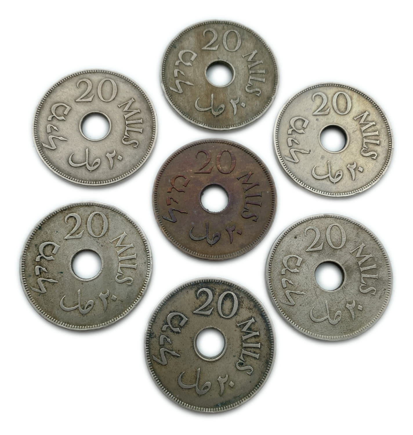 Palestine - Lot of 7 mandate coins - 20 Mils, Diffrent years - F-VF
MIL, was the Hebrew name ... - 1 1