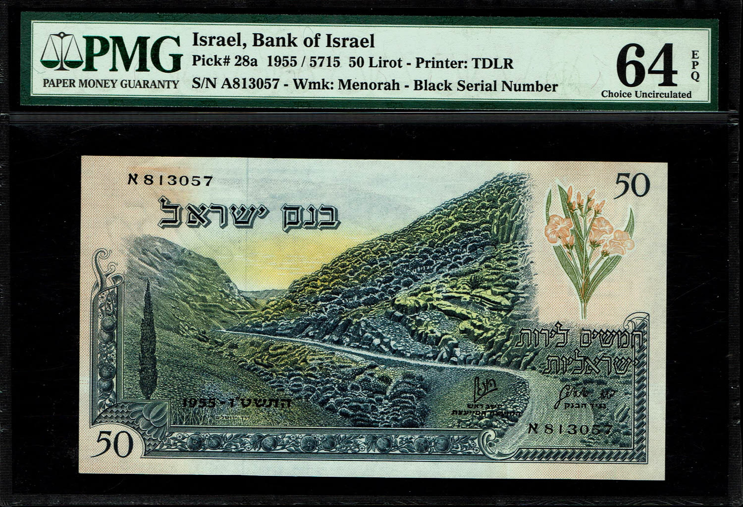 Israel - 50 Lirot 1955 - PMG 64 EPQ - Black Serial Number - Prefix A
In 1954, the Bank of Israel was ... - 1 0