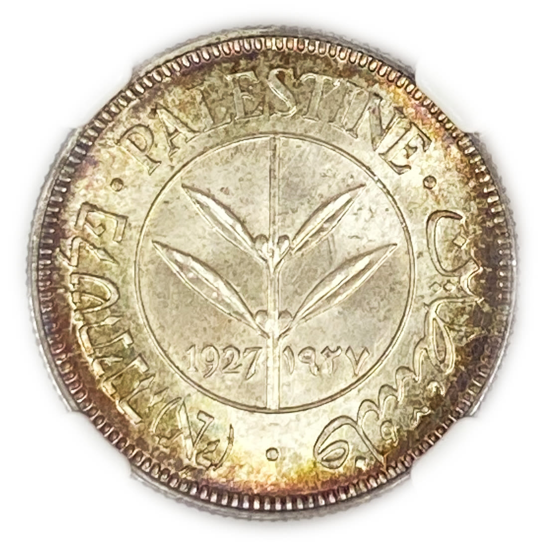Palestine - 50 Mils 1927 - NGC 66 - UNC - Rainbow Patina - The highest grade known
You can see the ... - 1 2