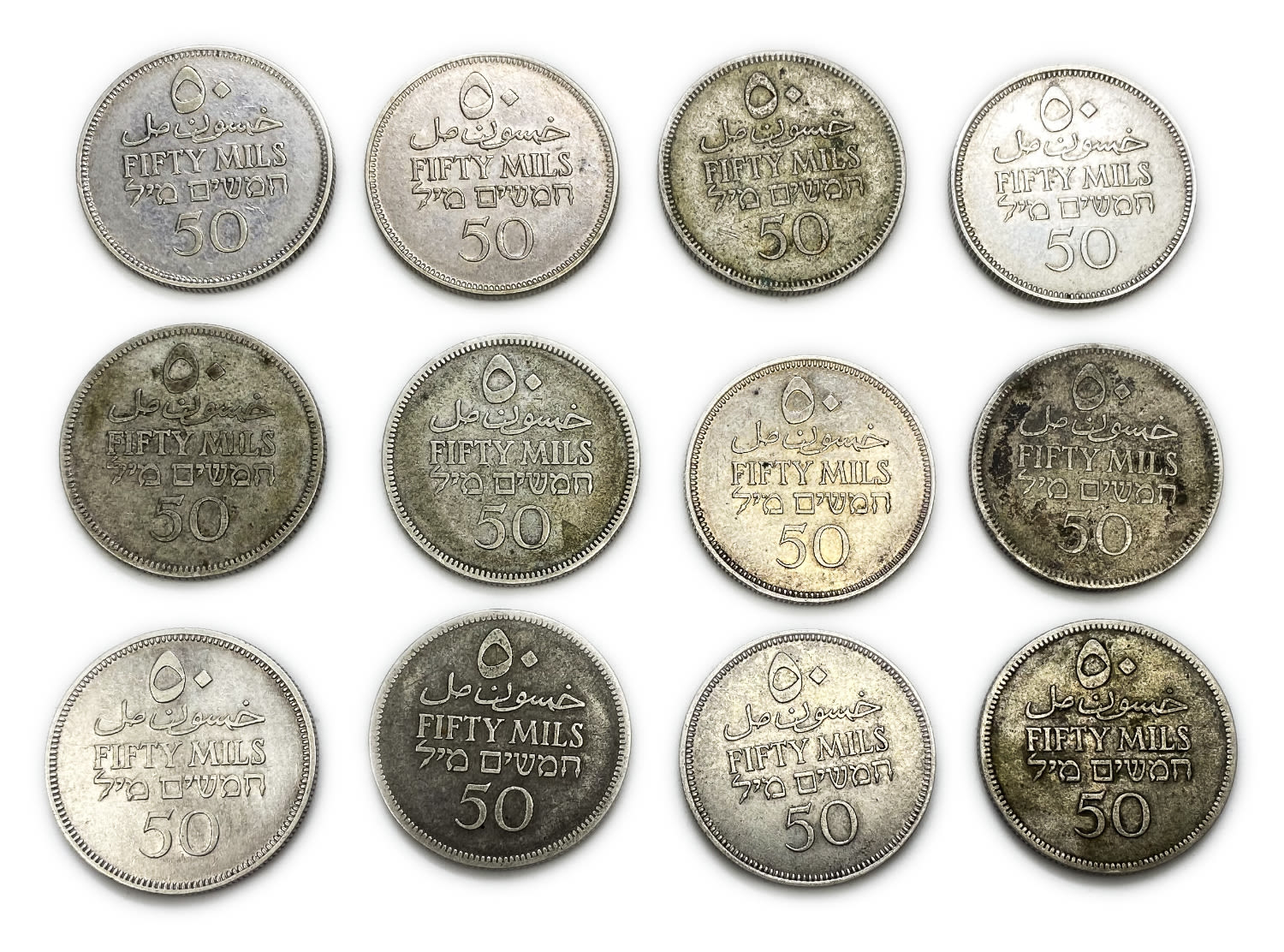 Palestine - Lot of 12 coins of 50 Mils 1927, 1933, 1935, 1939 - F-VF
Mil was the Hebrew name of the ... - 1 1