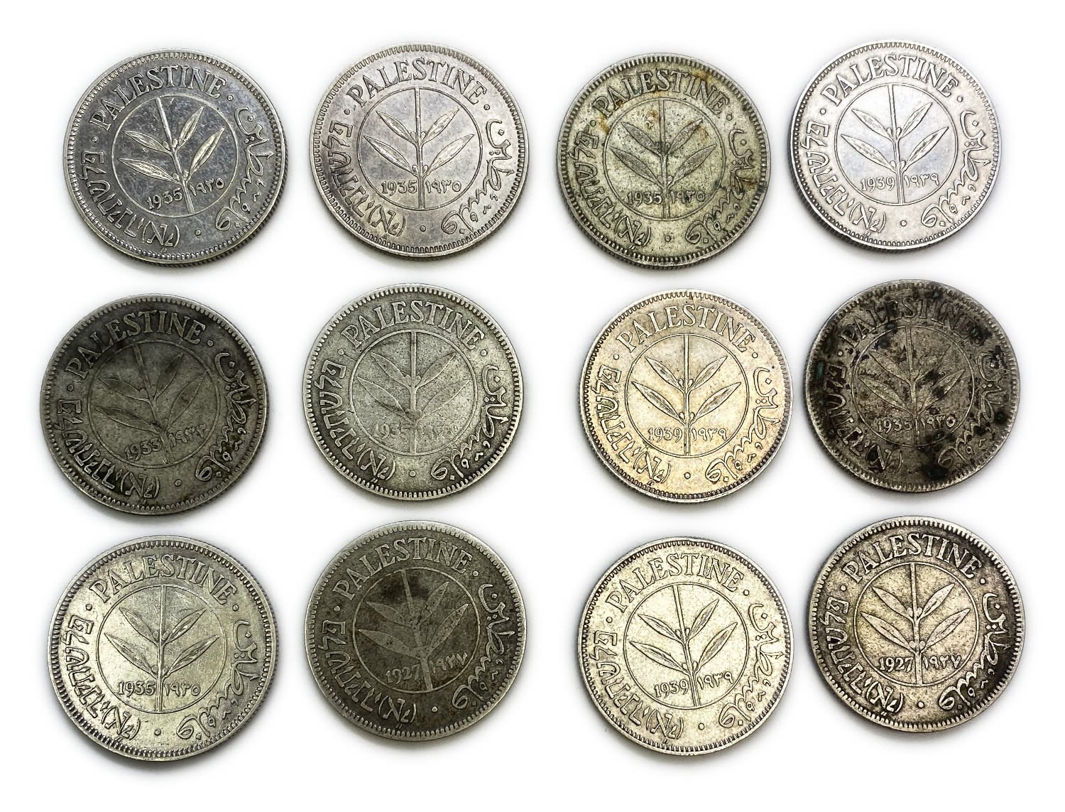 Palestine - Lot of 12 coins of 50 Mils 1927, 1933, 1935, 1939 - F-VF
Mil was the Hebrew name of the ... - 1 0