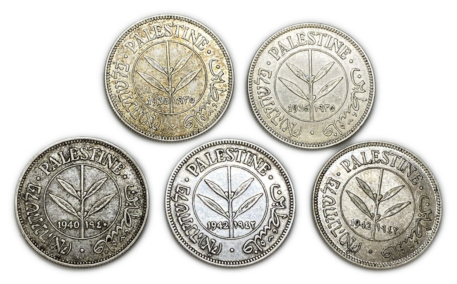 Palestine - Lot of 5 coins of 50 Mils 1935, 1940, 1942 - VF-AU
Mil was the Hebrew name of the coin ... - 1 0