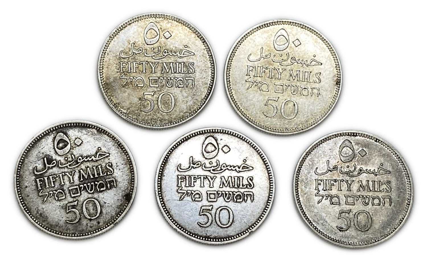 Palestine - Lot of 5 coins of 50 Mils 1935, 1940, 1942 - VF-AU
Mil was the Hebrew name of the coin ... - 1 1