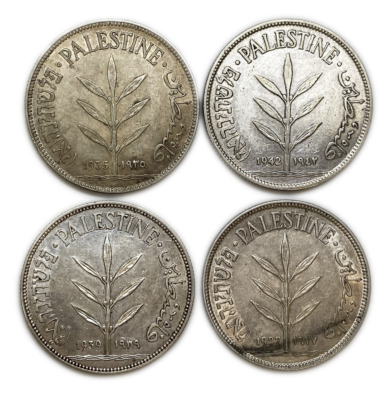 Palestine - Lot of 4 coins 100 Mils 1927, 1935, 1939, 1942 - XF-AU
Mil, was the Hebrew ... - 1 0
